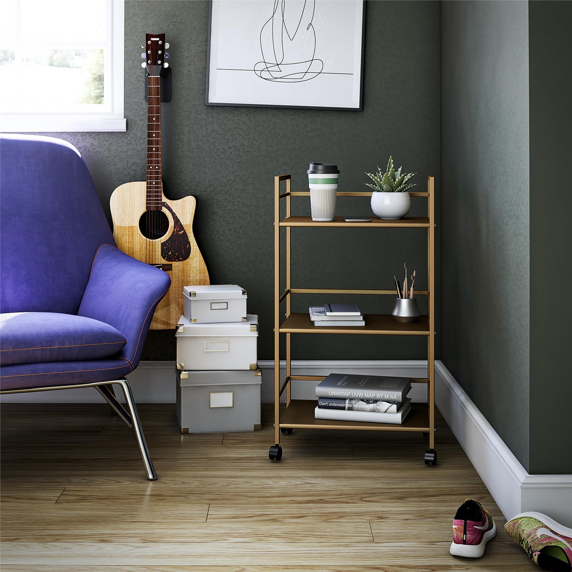 Helix 3 Shelf Metal Rolling Utility Cart, Gold - Gold