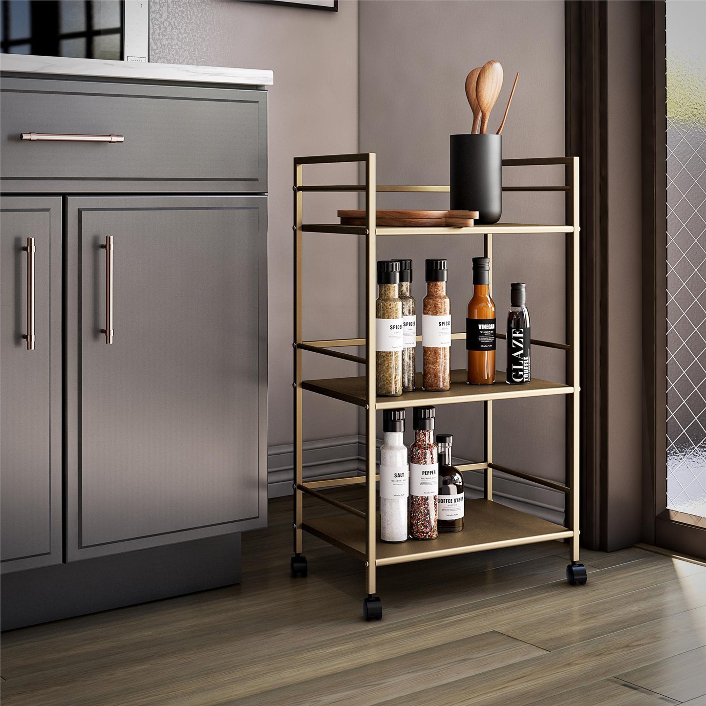 Helix 3 Shelf Metal Rolling Utility Cart, Gold - Gold