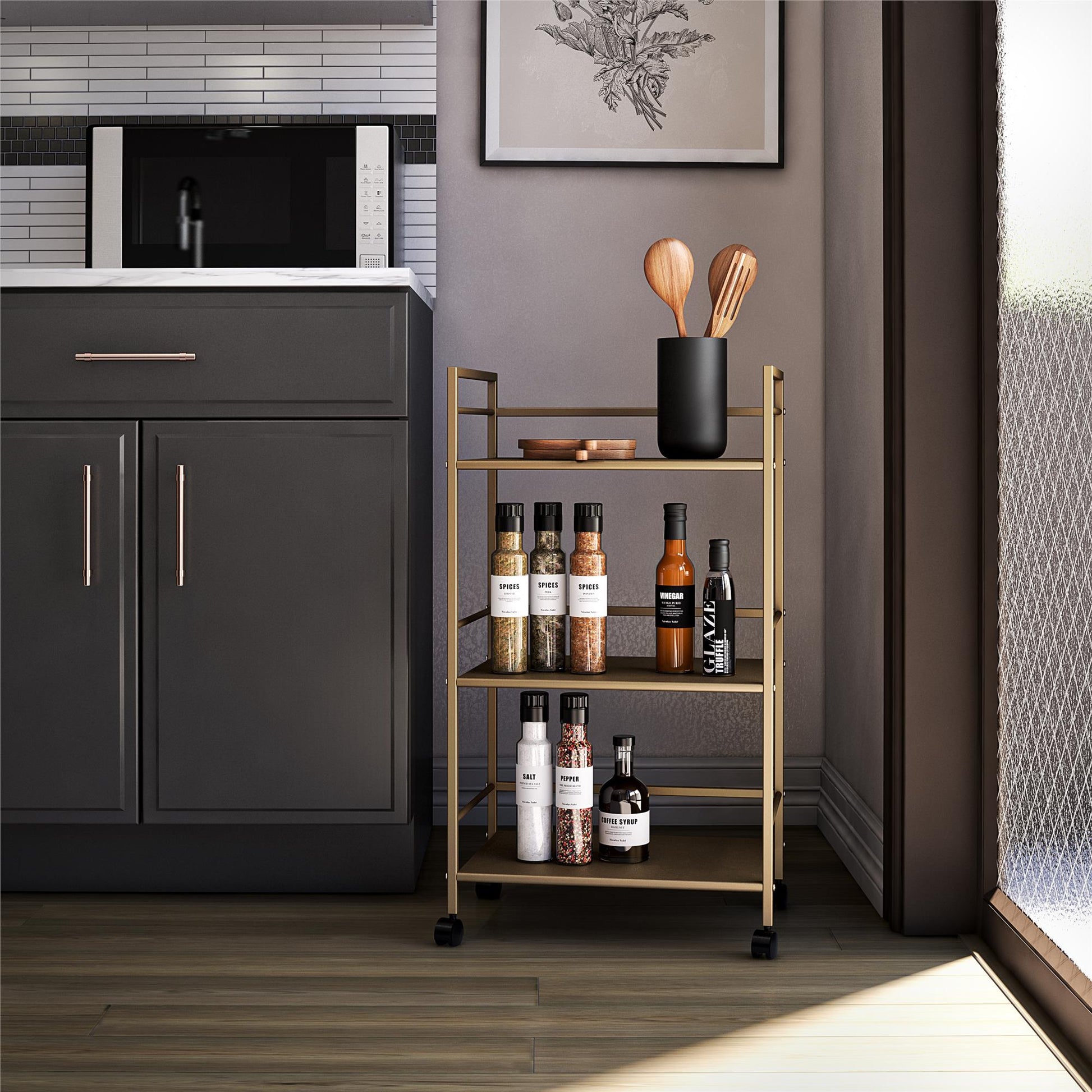 Helix 3 Shelf Metal Rolling Utility Cart, Gold - Gold