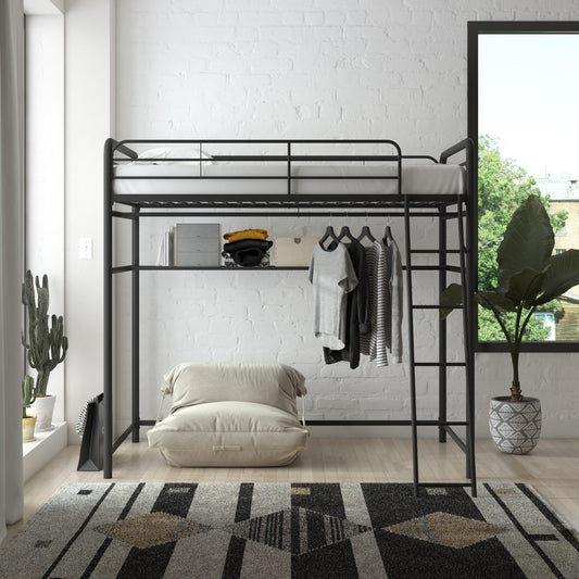 Knox Metal Loft Bed with Under Bed Closet Storage Rod - Black - Twin