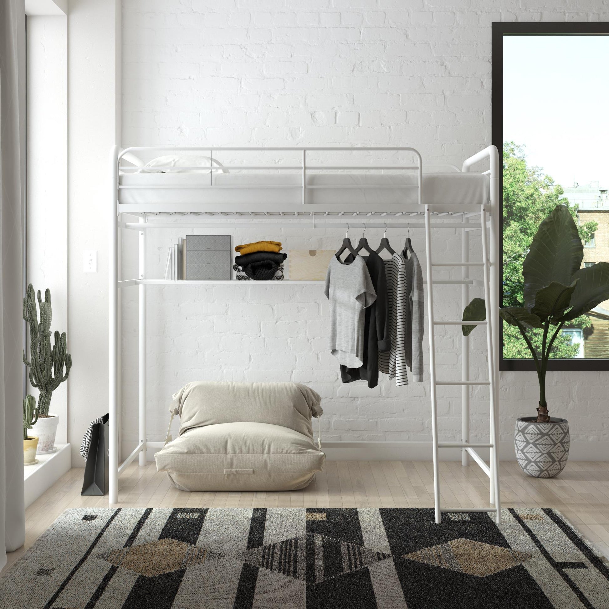 Knox Metal Loft Bed with Under Bed Closet Storage Rod - White - Twin