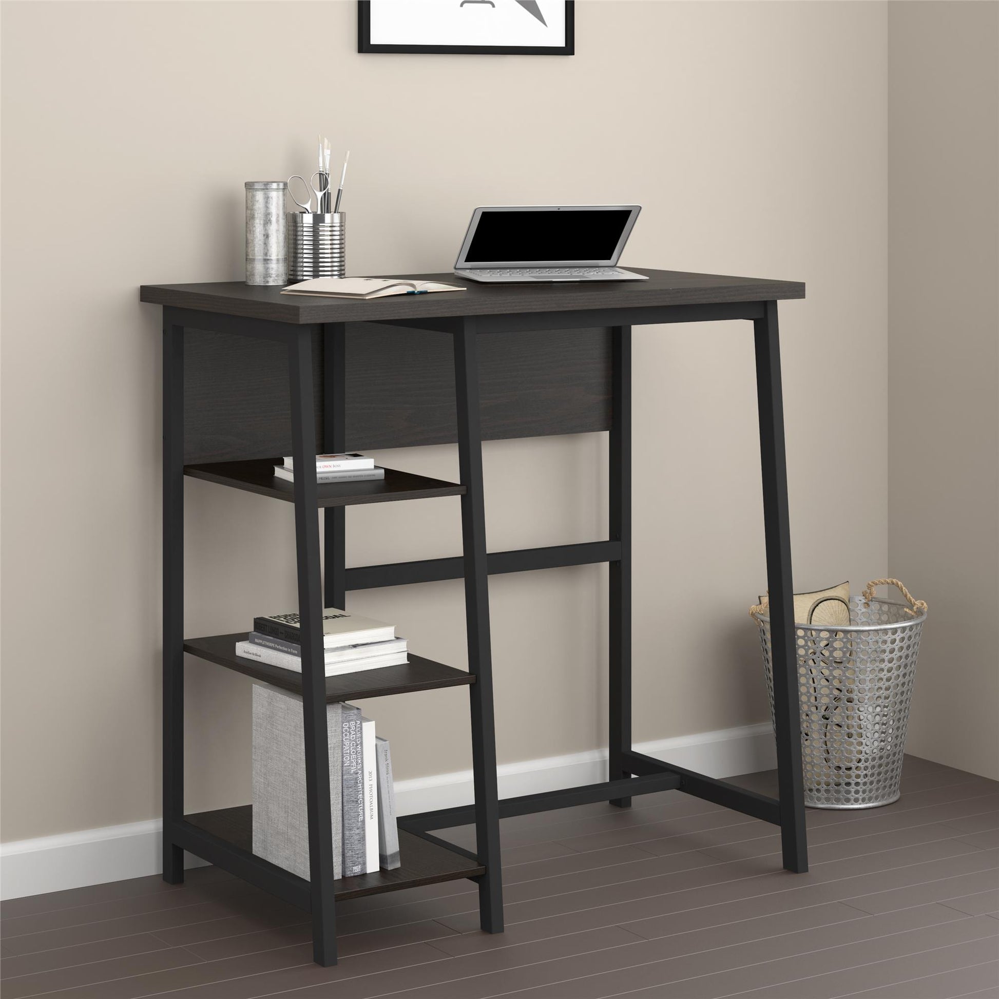 Coleton Standing Computer Desk with Side Shelves - Espresso