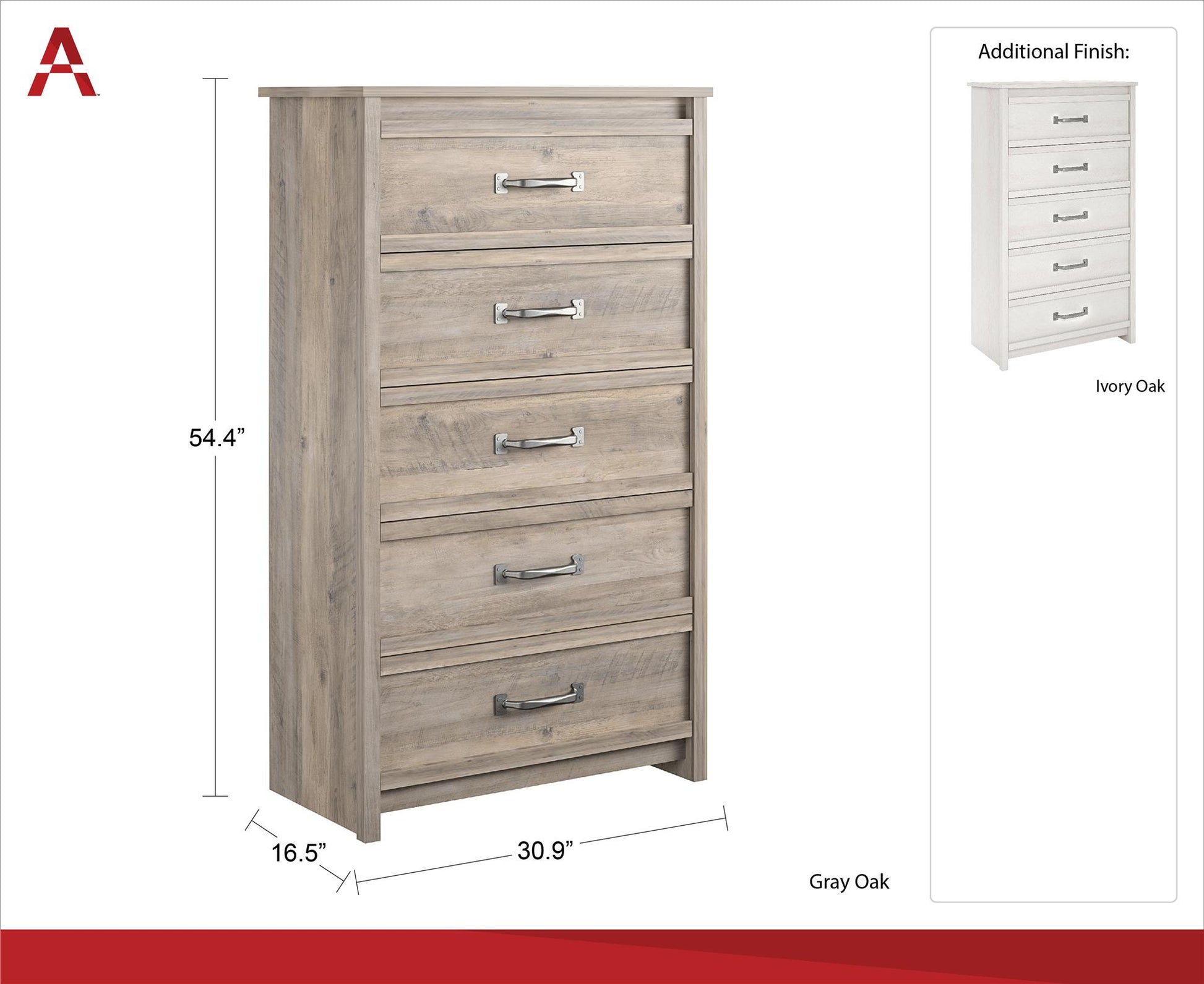 Bassinger 5 Drawer Bedroom Dresser with Pewter Handles - Gray Oak