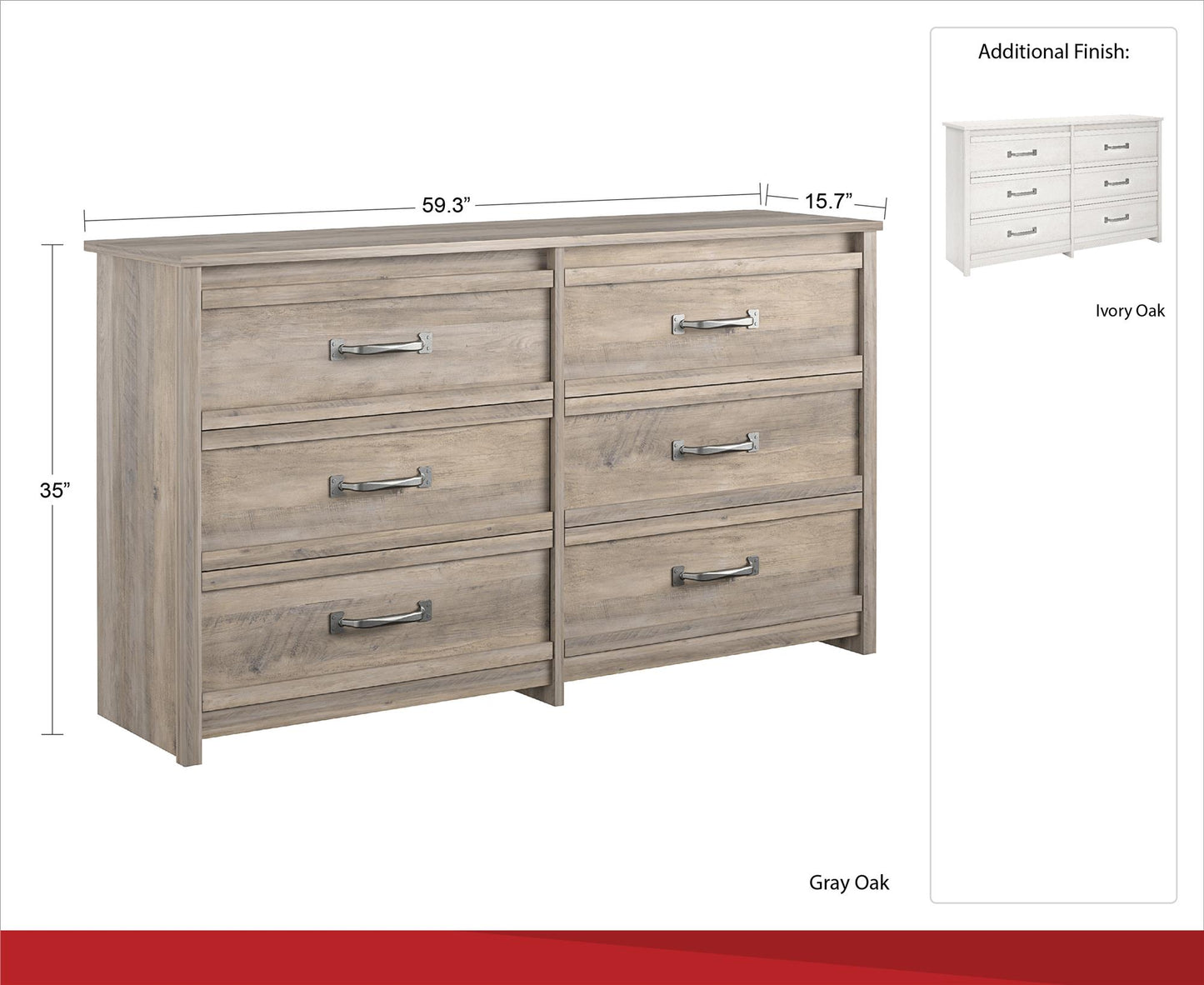 Bassinger 6 Drawer Bedroom Dresser with Pewter Handles - Gray Oak