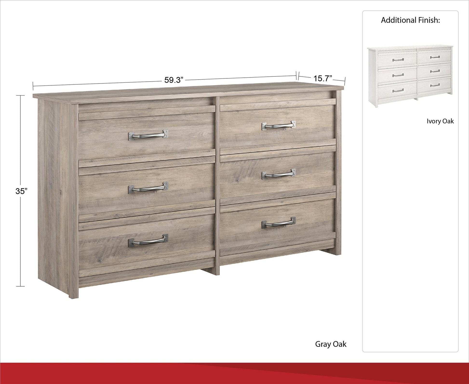 Bassinger 6 Drawer Bedroom Dresser with Pewter Handles - Gray Oak