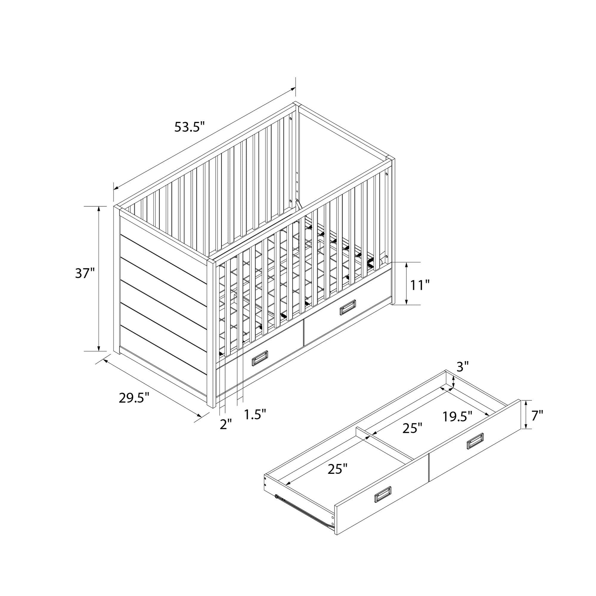 Haven 3 in 1 Convertible Wood Storage Crib - Dove Gray
