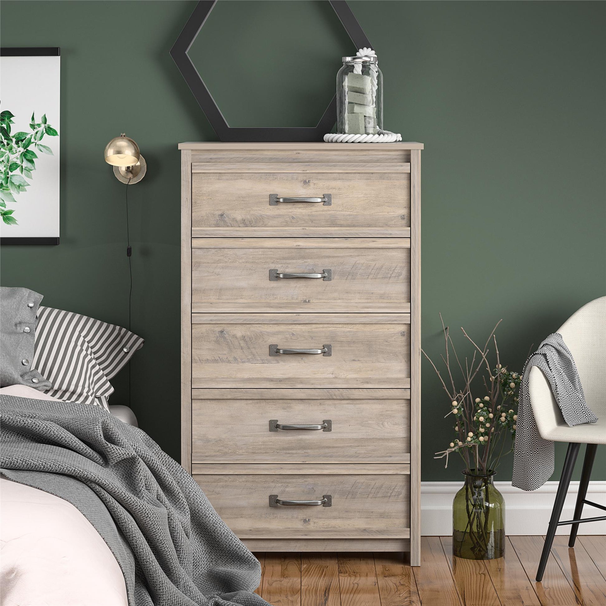 Bassinger 5 Drawer Bedroom Dresser with Pewter Handles - Gray Oak