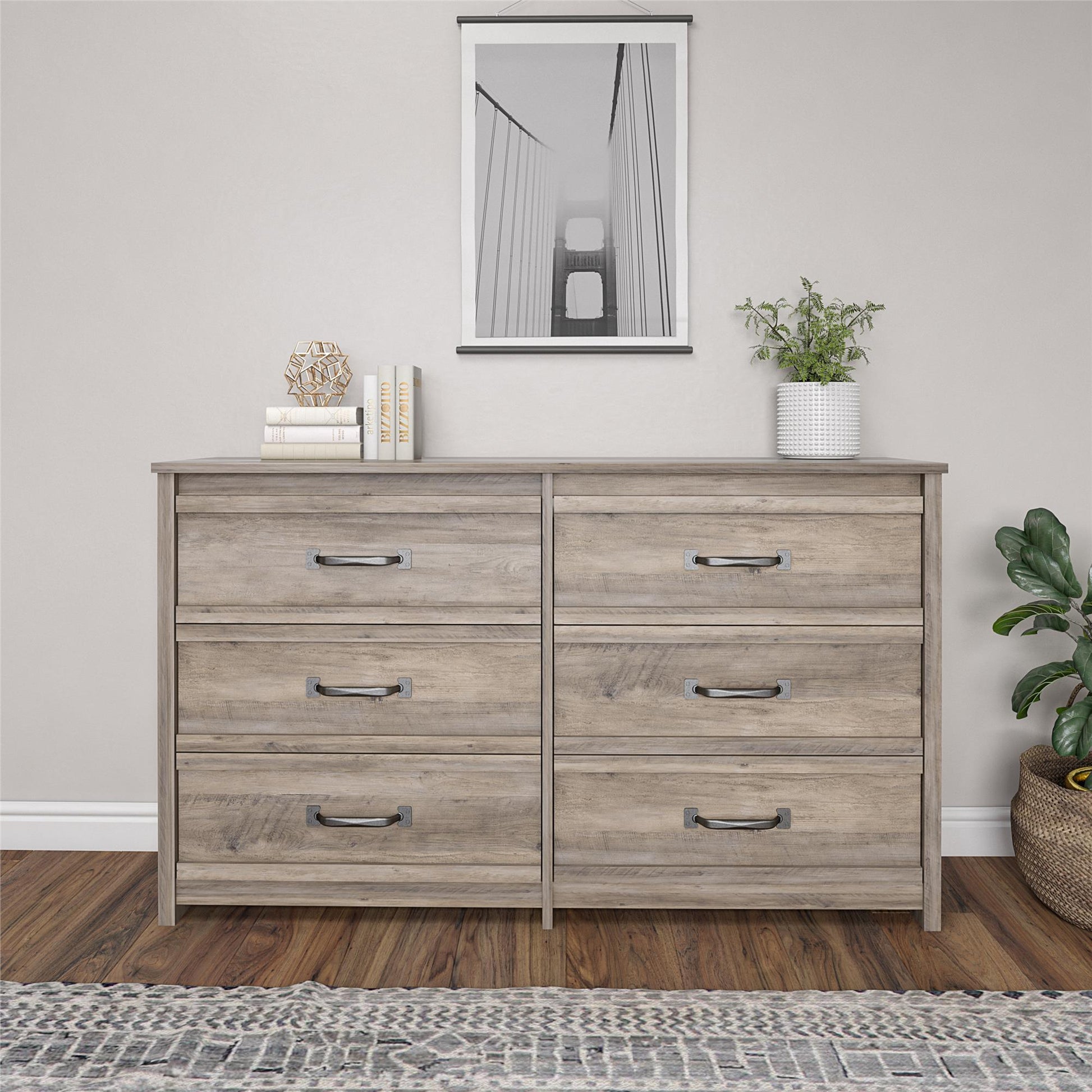 Bassinger 6 Drawer Bedroom Dresser with Pewter Handles - Gray Oak