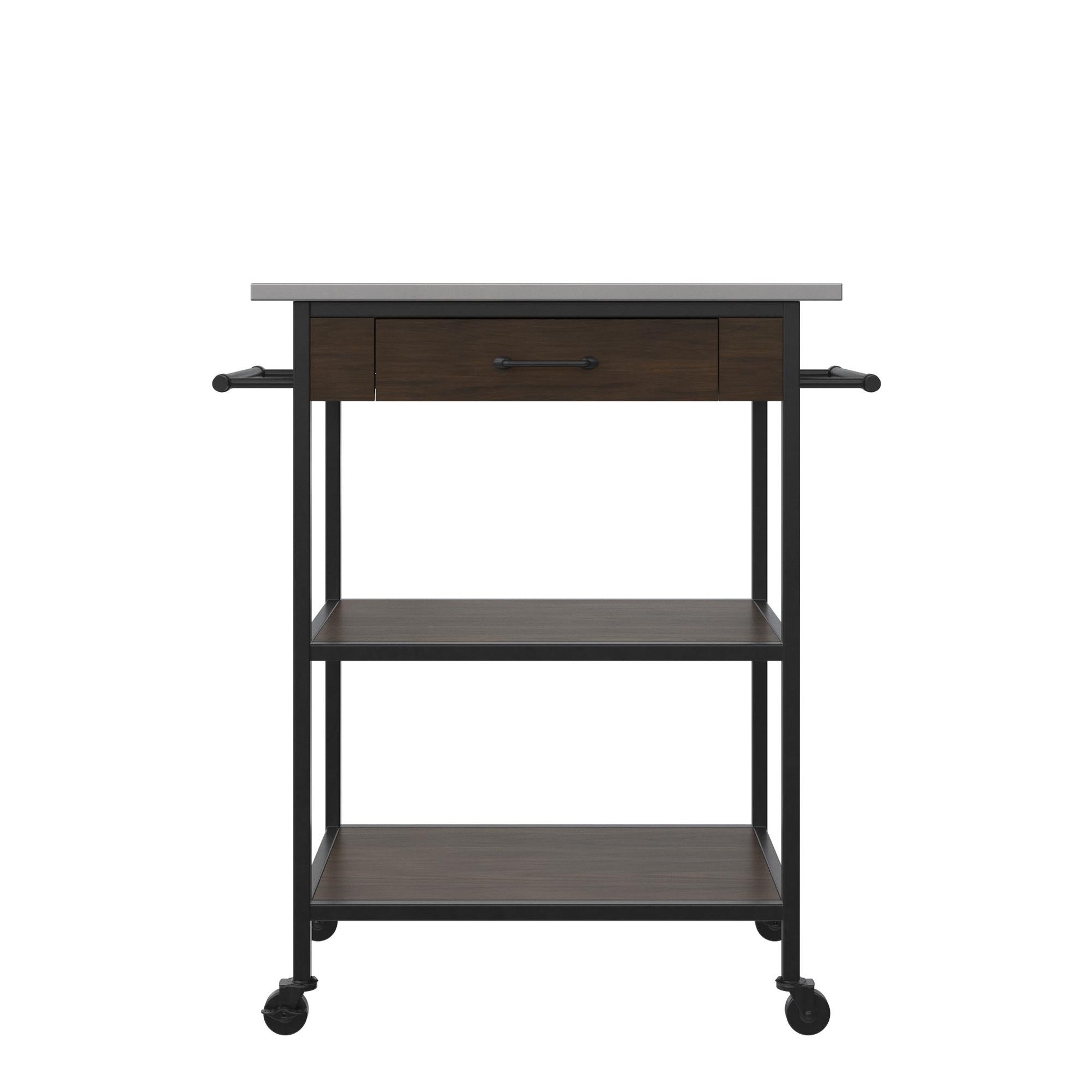 Kane Kitchen Cart with 1 Drawer, 2 Shelves, 2 Towel Bars - Brown
