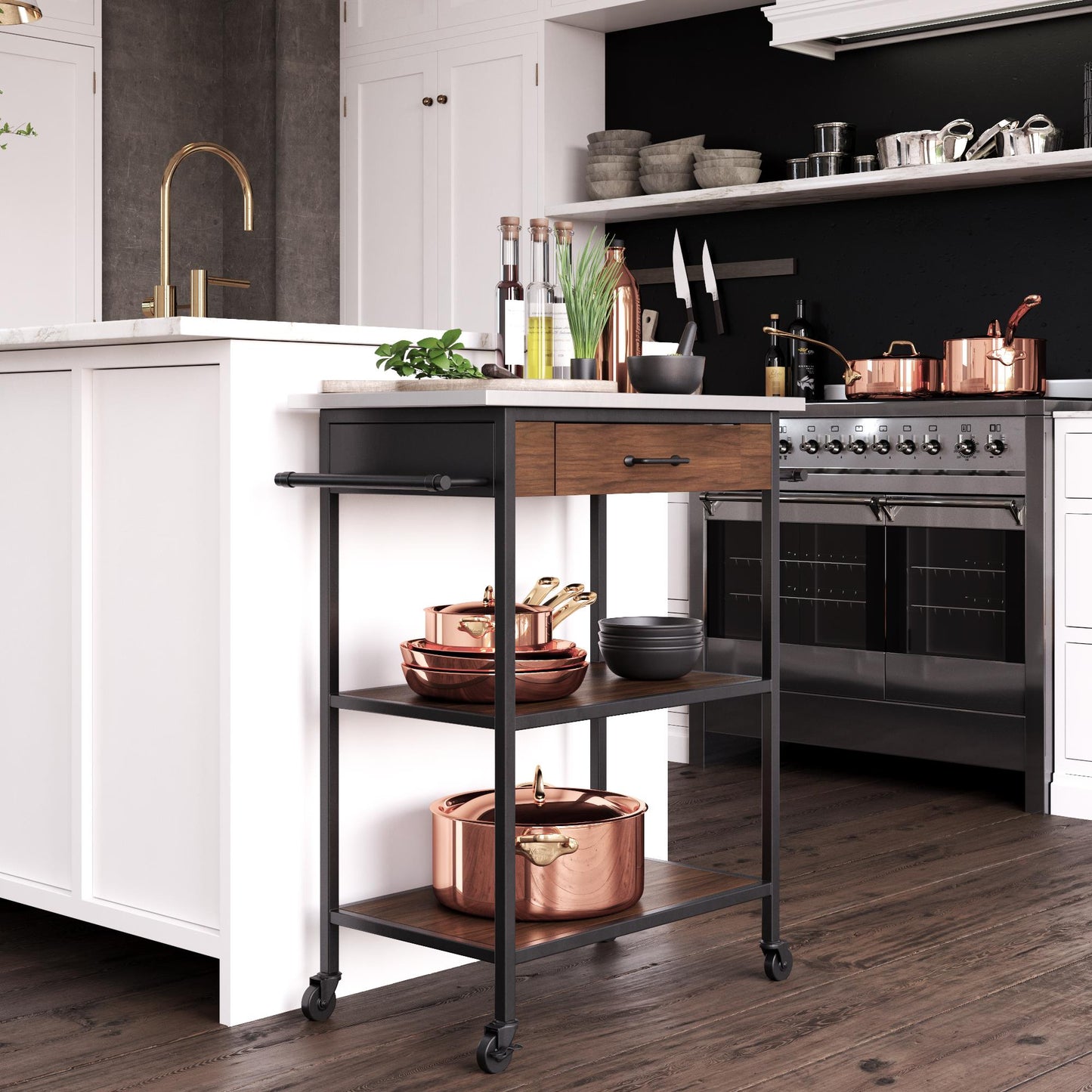 Kane Kitchen Cart with 1 Drawer, 2 Shelves, 2 Towel Bars - Brown
