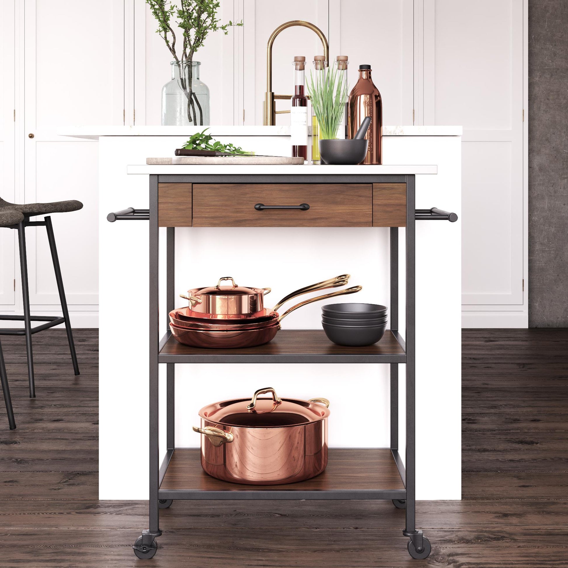 Kane Kitchen Cart with 1 Drawer, 2 Shelves, 2 Towel Bars - Brown