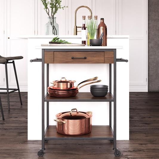 Kane Kitchen Cart with 1 Drawer, 2 Shelves, 2 Towel Bars - Brown