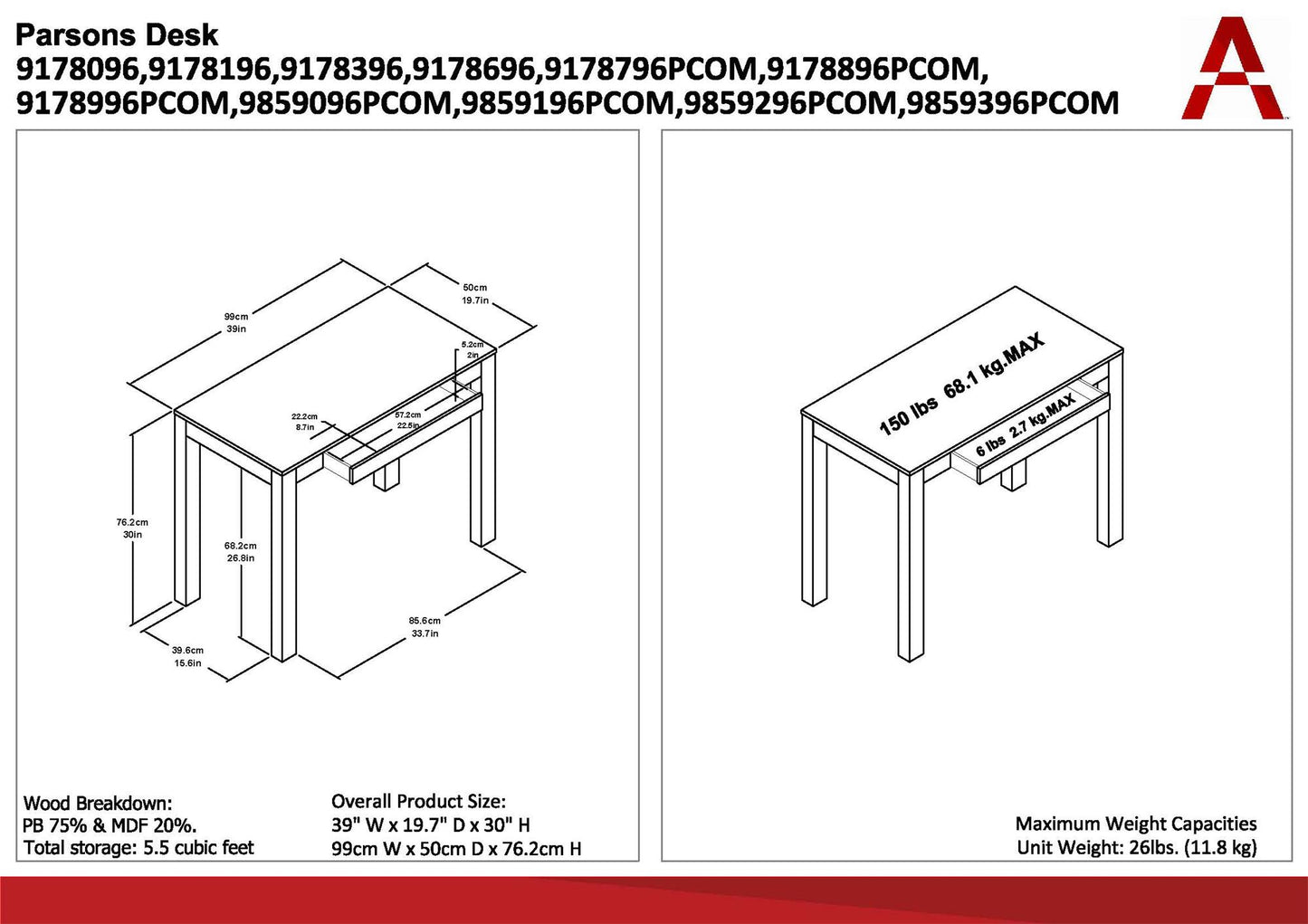 Parsons Minimalistic Desk with Drawer - Espresso