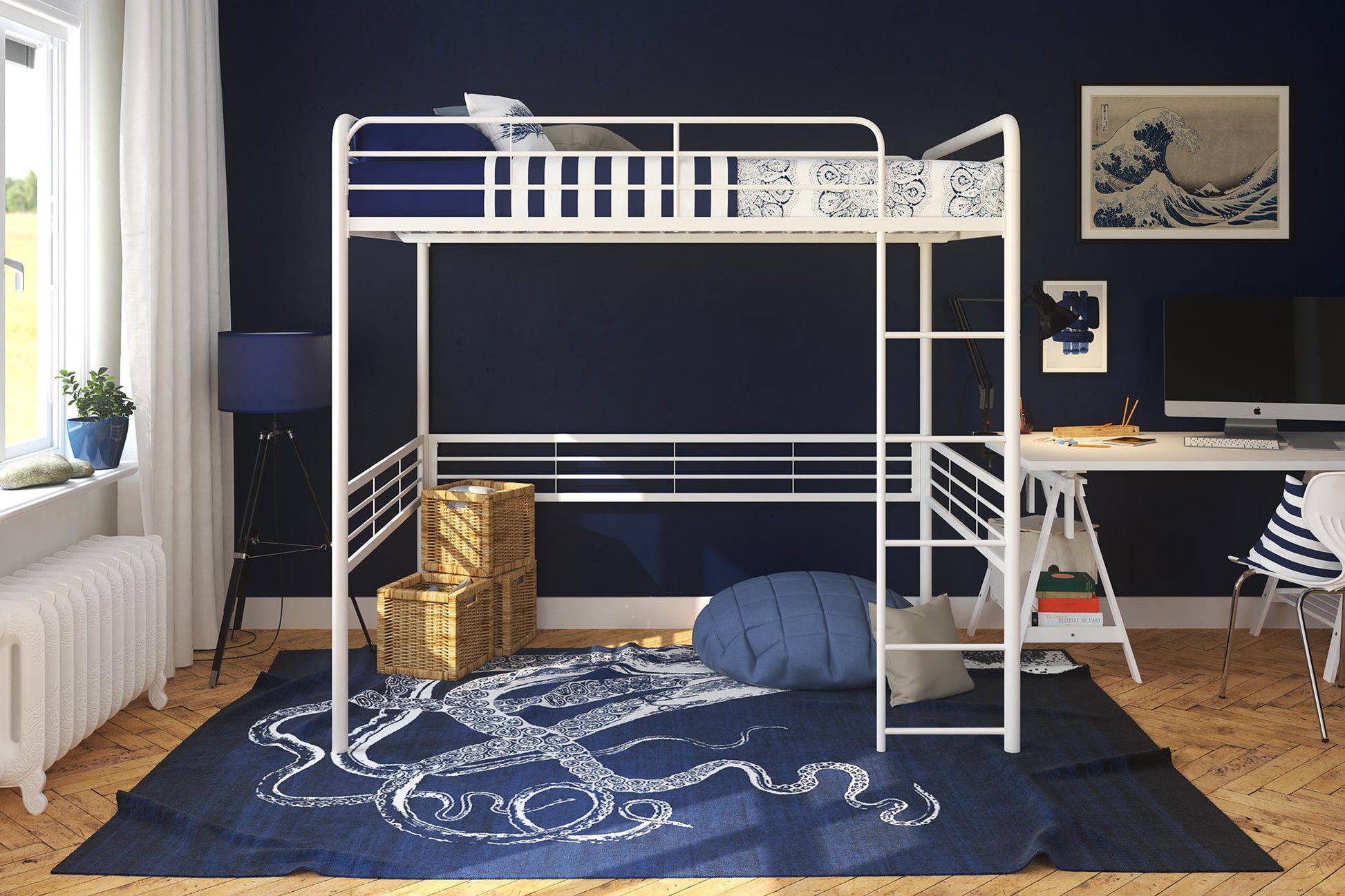 Tommy Full Metal Loft Bed with 59 Inches of Under Bed Storage - White - Full