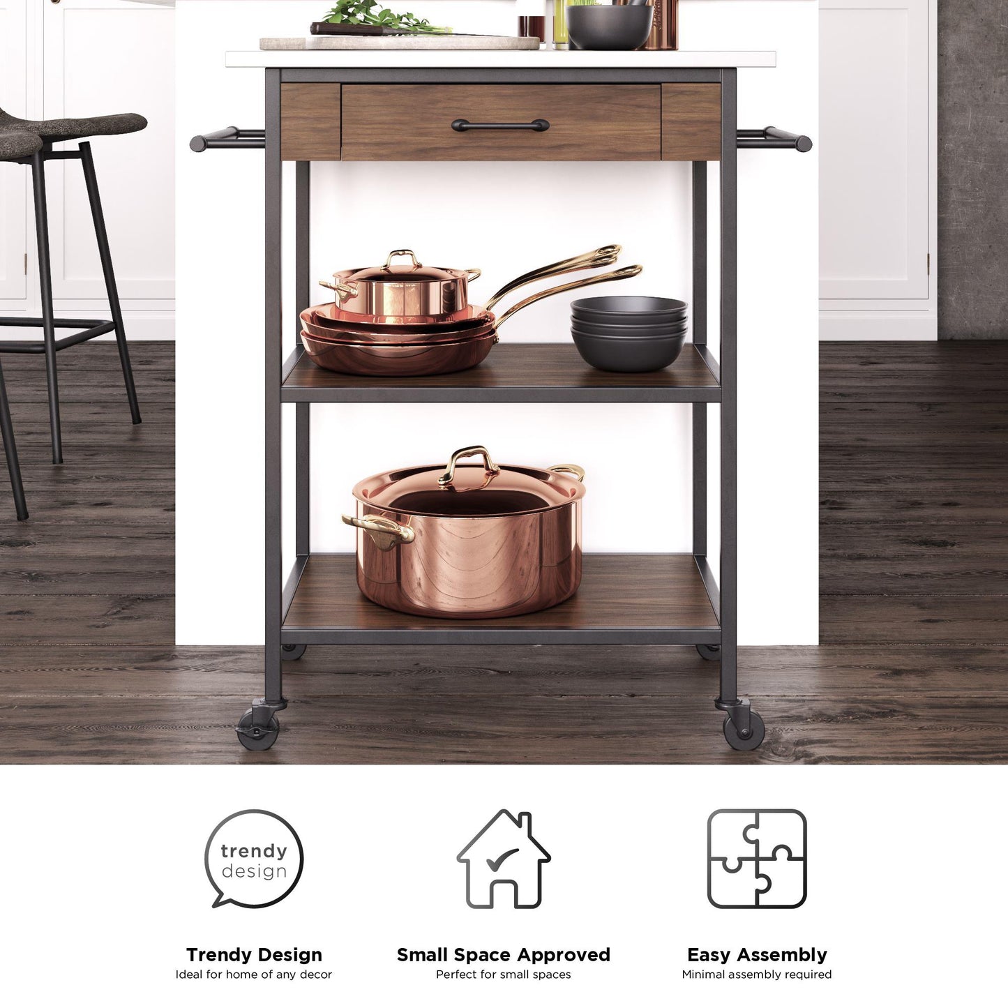 Kane Kitchen Cart with 1 Drawer, 2 Shelves, 2 Towel Bars - Brown