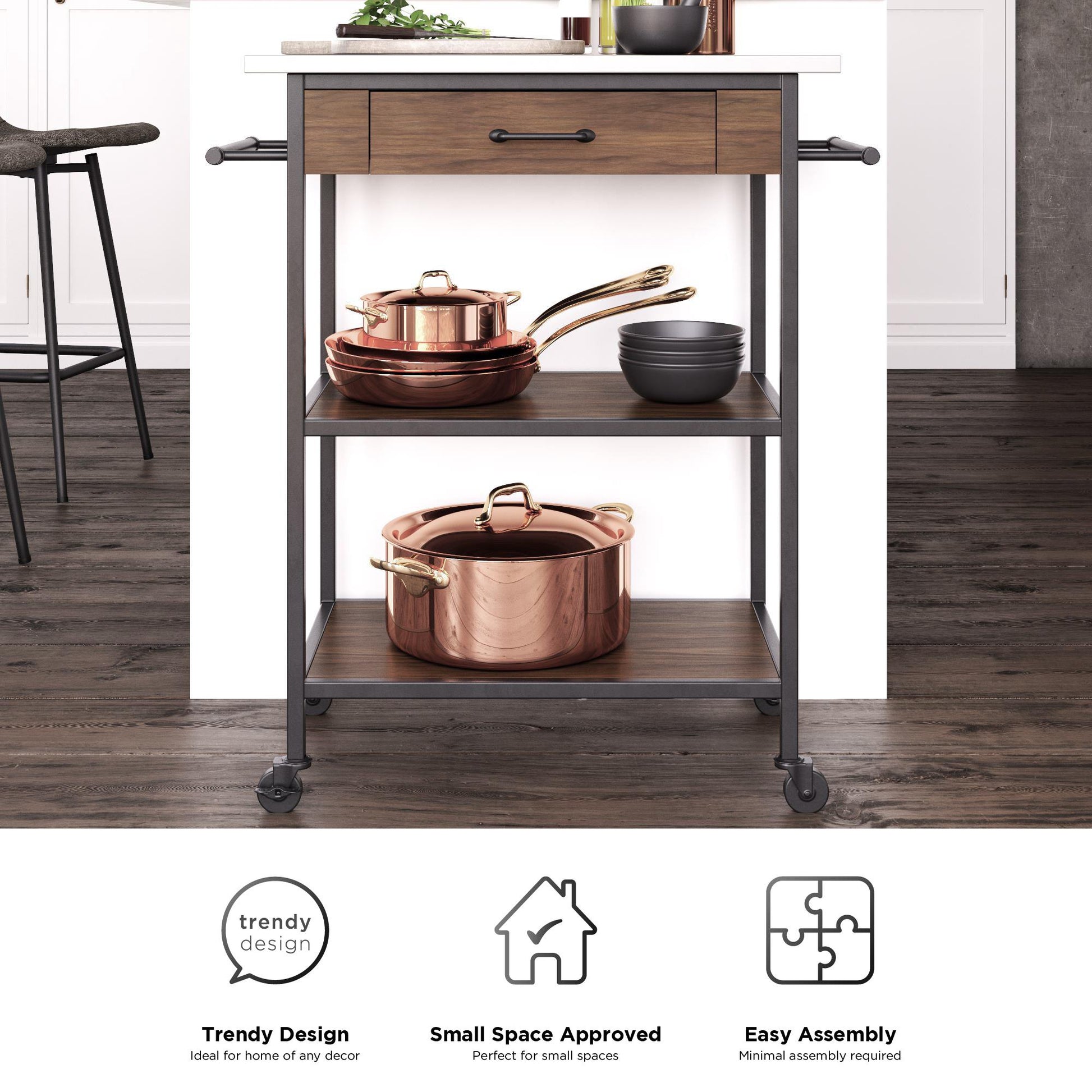 Kane Kitchen Cart with 1 Drawer, 2 Shelves, 2 Towel Bars - Brown