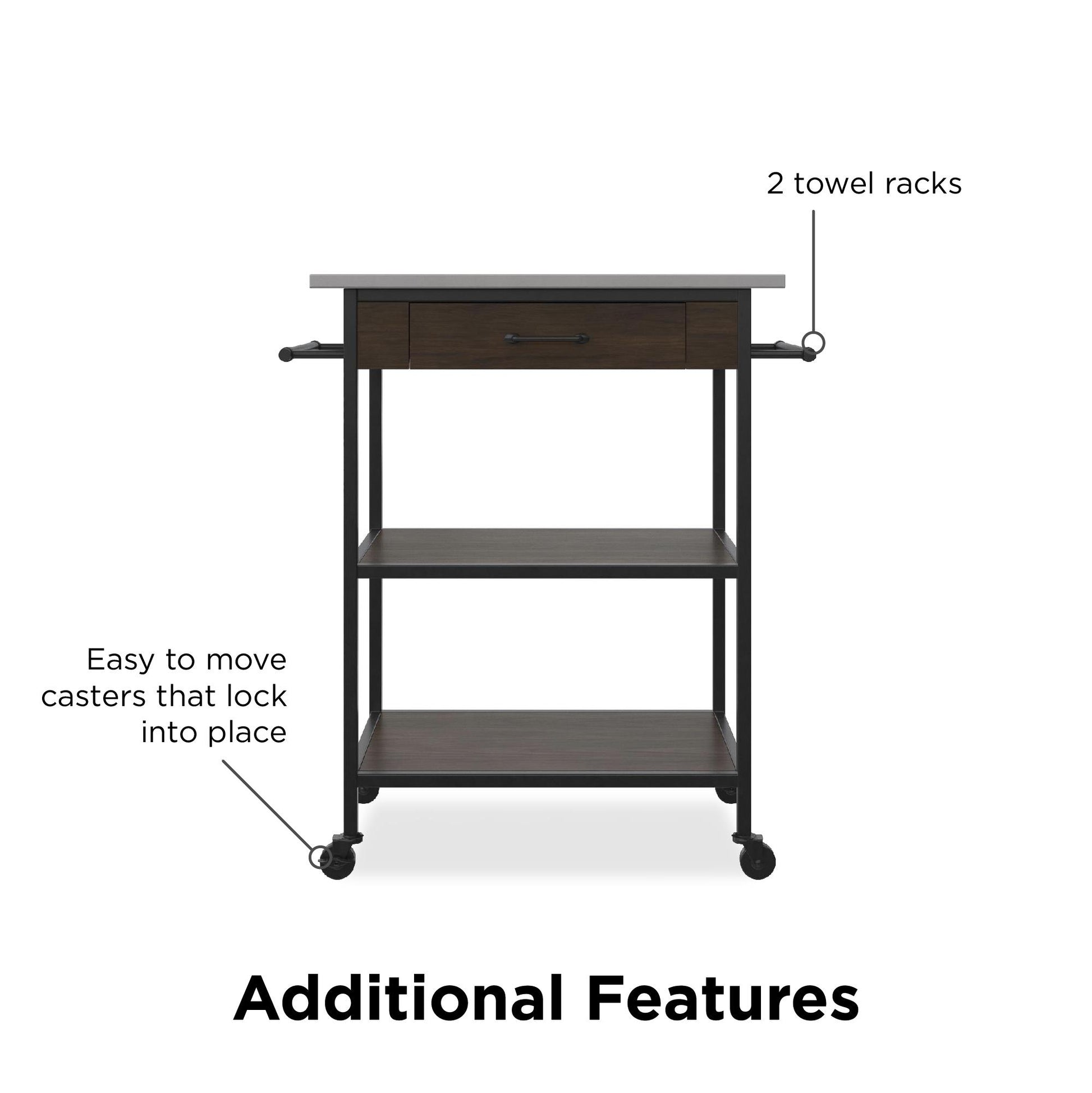 Kane Kitchen Cart with 1 Drawer, 2 Shelves, 2 Towel Bars - Brown