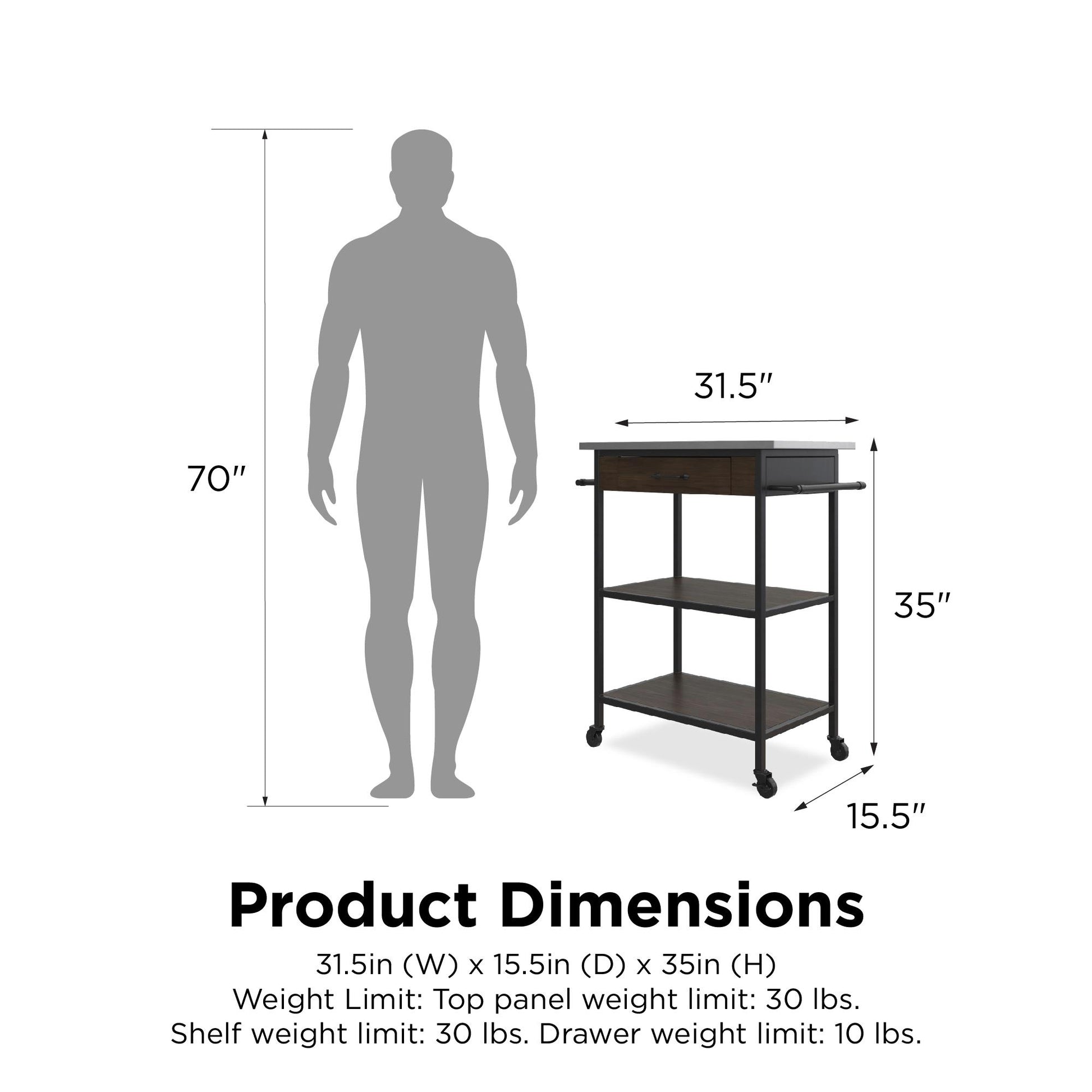 Kane Kitchen Cart with 1 Drawer, 2 Shelves, 2 Towel Bars - Brown
