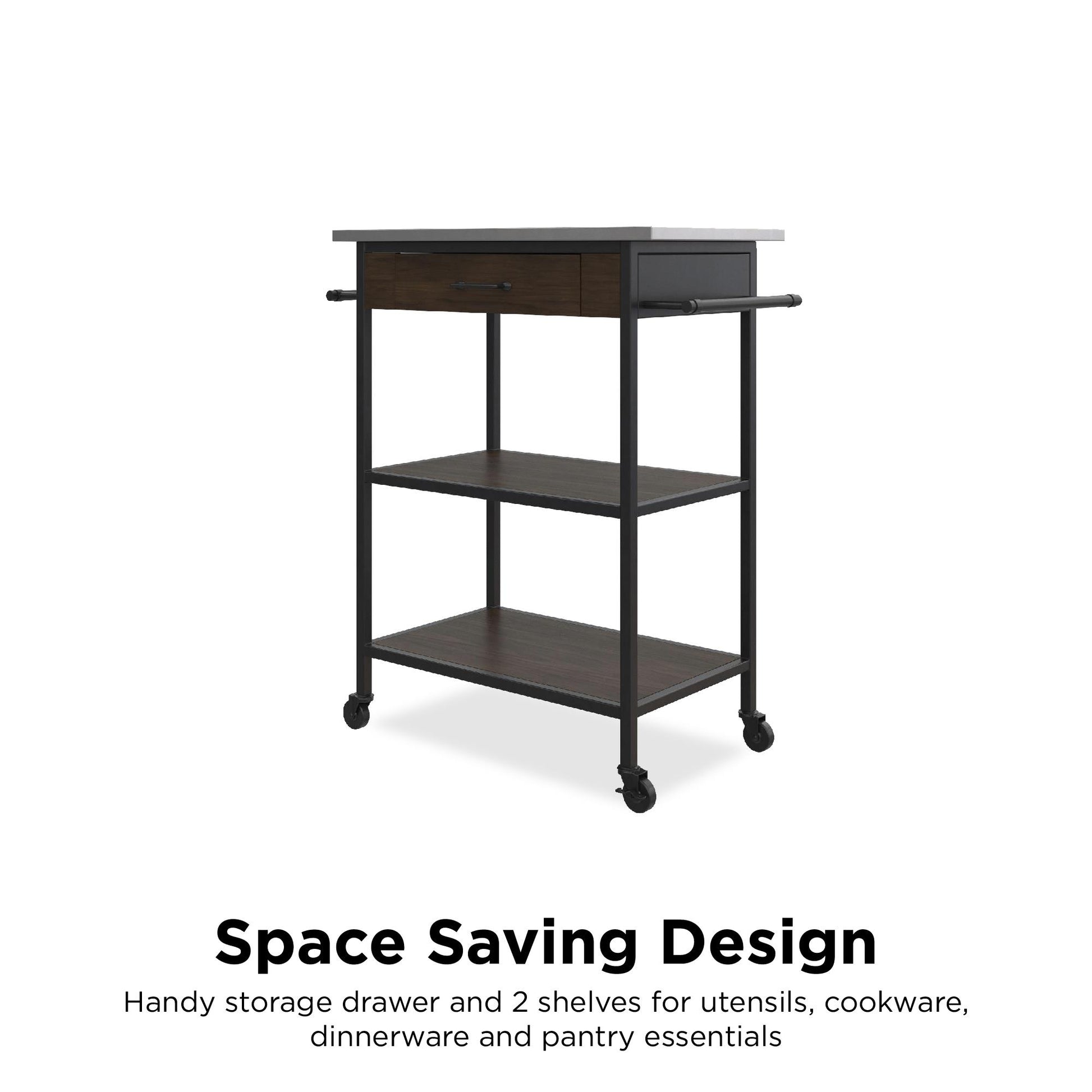 Kane Kitchen Cart with 1 Drawer, 2 Shelves, 2 Towel Bars - Brown