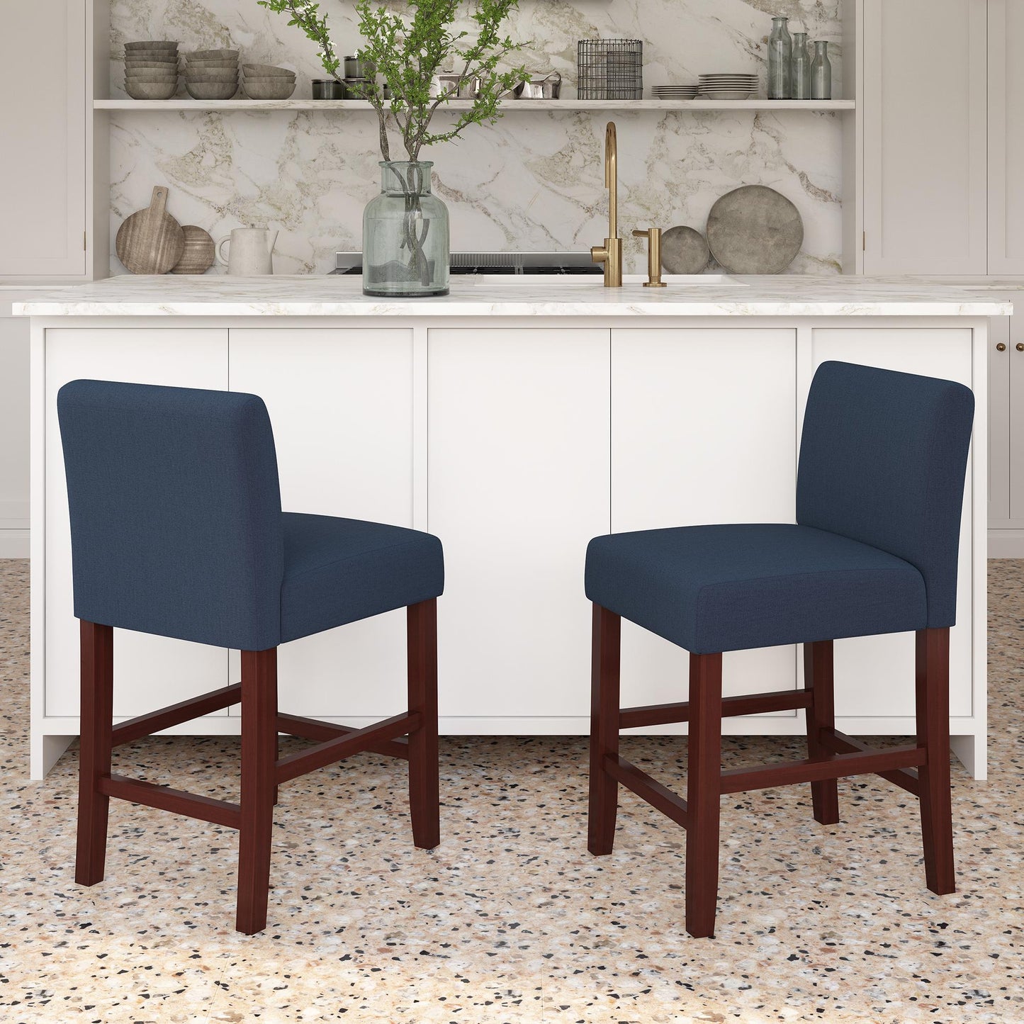 Parsons Linen Upholstered Counter Stools, Set of 2 - Navy - Set of 2