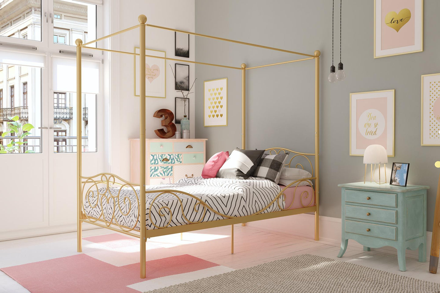 Canopy Metal Bed Frame with Intricate Design Headboard and Secured Slats - Gold - Twin