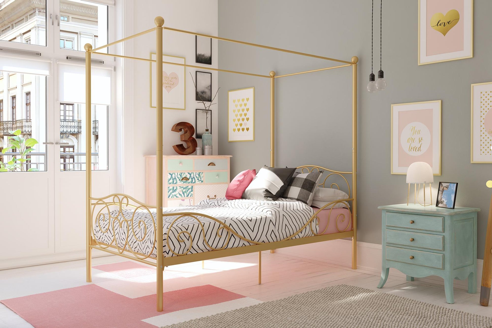 Canopy Metal Bed Frame with Intricate Design Headboard and Secured Slats - Gold - Twin