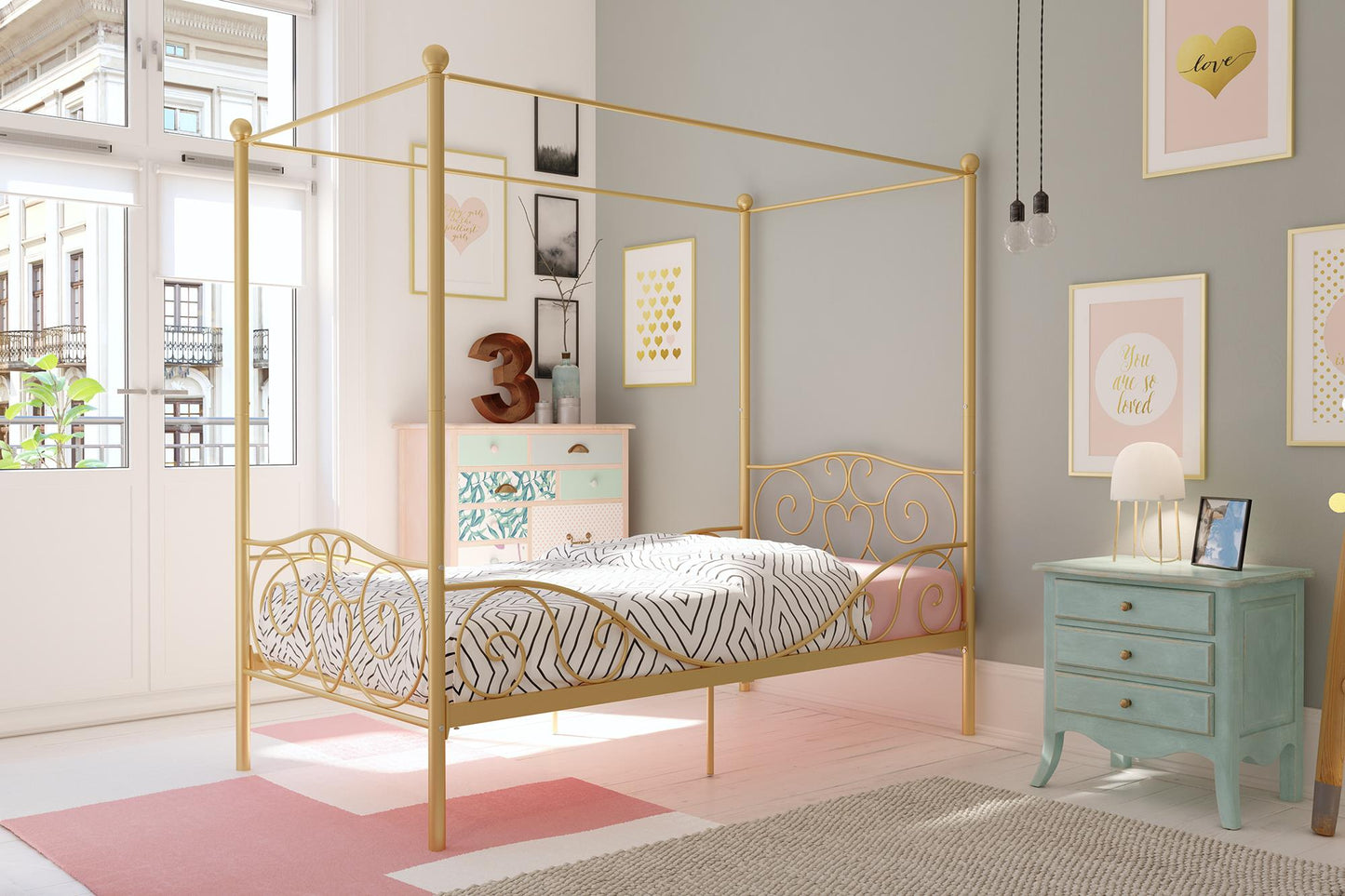 Canopy Metal Bed Frame with Intricate Design Headboard and Secured Slats - Gold - Twin