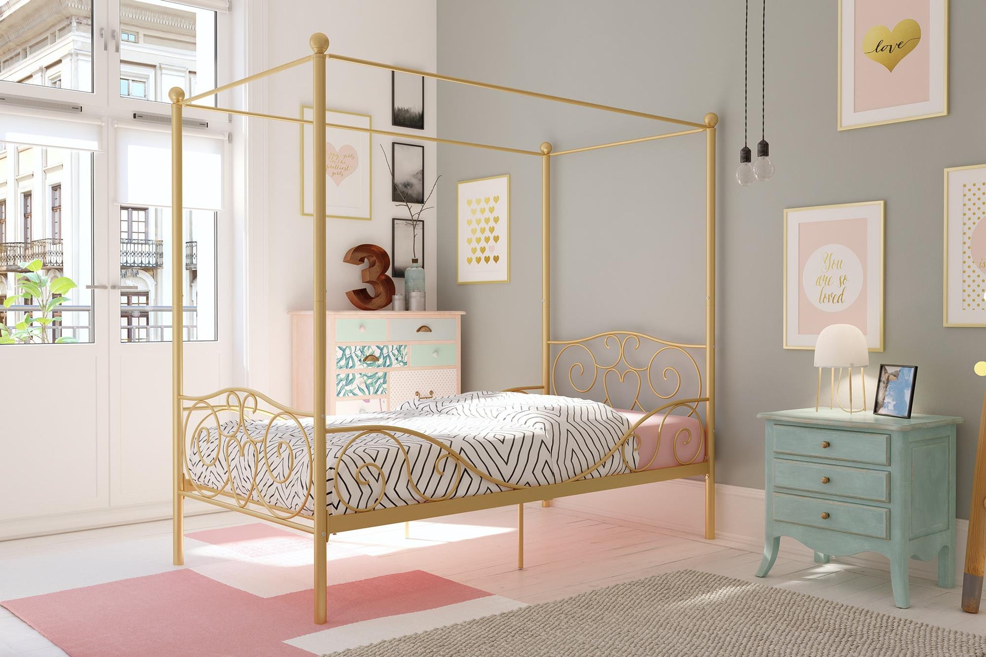 Canopy Metal Bed Frame with Intricate Design Headboard and Secured Slats - Gold - Twin