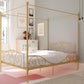 Canopy Metal Bed Frame with Intricate Design Headboard and Secured Slats - White - Twin
