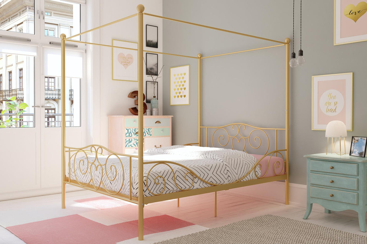 Canopy Metal Bed Frame with Intricate Design Headboard and Secured Slats - White - Twin