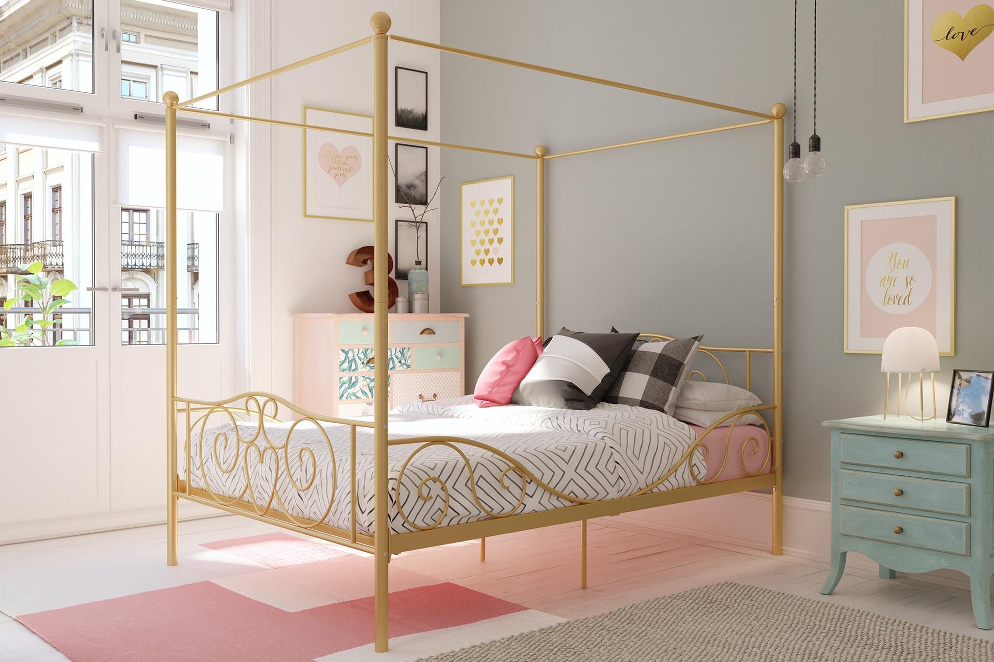 Canopy Metal Bed Frame with Intricate Design Headboard and Secured Slats - Gold - Full