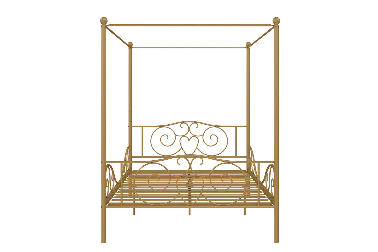 Canopy Metal Bed Frame with Intricate Design Headboard and Secured Slats - Gold - Full