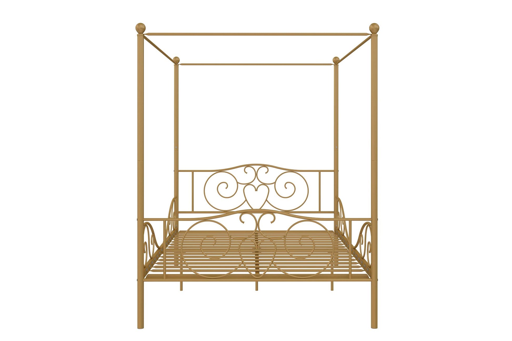 Canopy Metal Bed Frame with Intricate Design Headboard and Secured Slats - Gold - Full