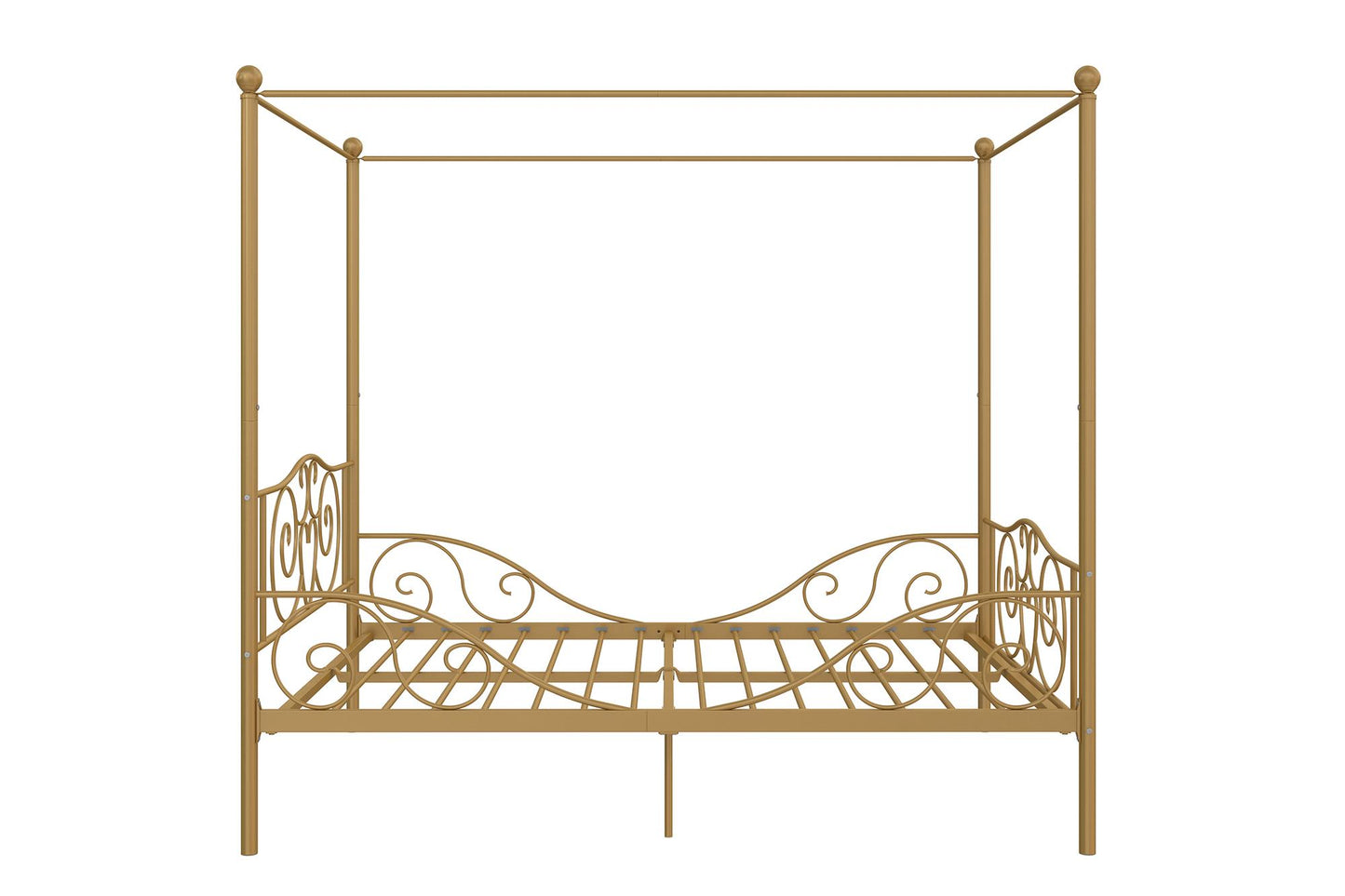 Canopy Metal Bed Frame with Intricate Design Headboard and Secured Slats - Gold - Full