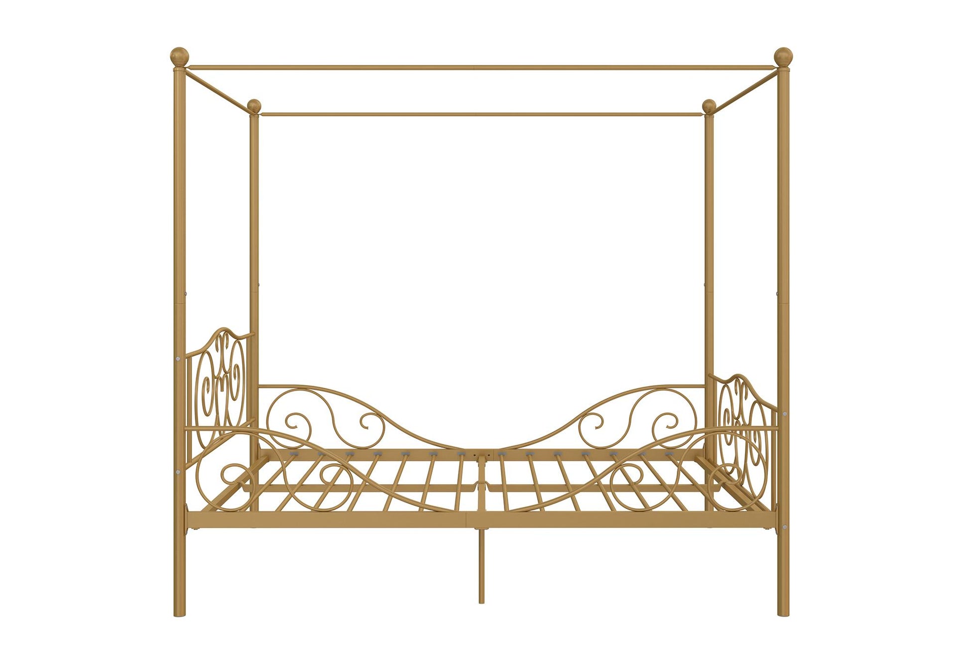 Canopy Metal Bed Frame with Intricate Design Headboard and Secured Slats - Gold - Full