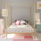 Canopy Metal Bed Frame with Intricate Design Headboard and Secured Slats - Gold - Full