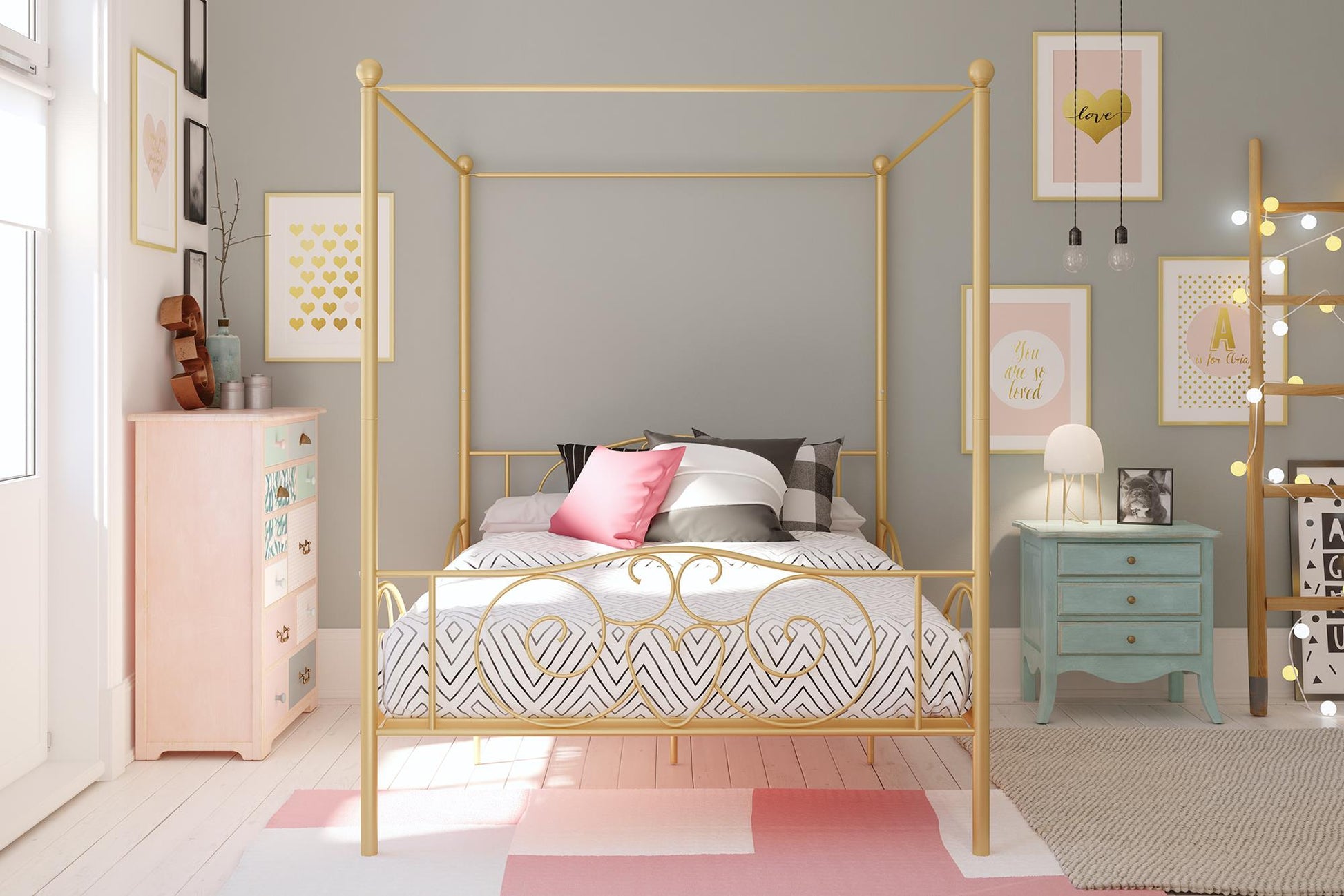 Canopy Metal Bed Frame with Intricate Design Headboard and Secured Slats - Gold - Full
