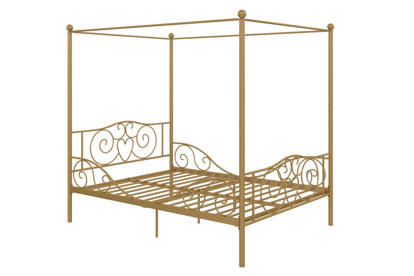 Canopy Metal Bed Frame with Intricate Design Headboard and Secured Slats - Gold - Full