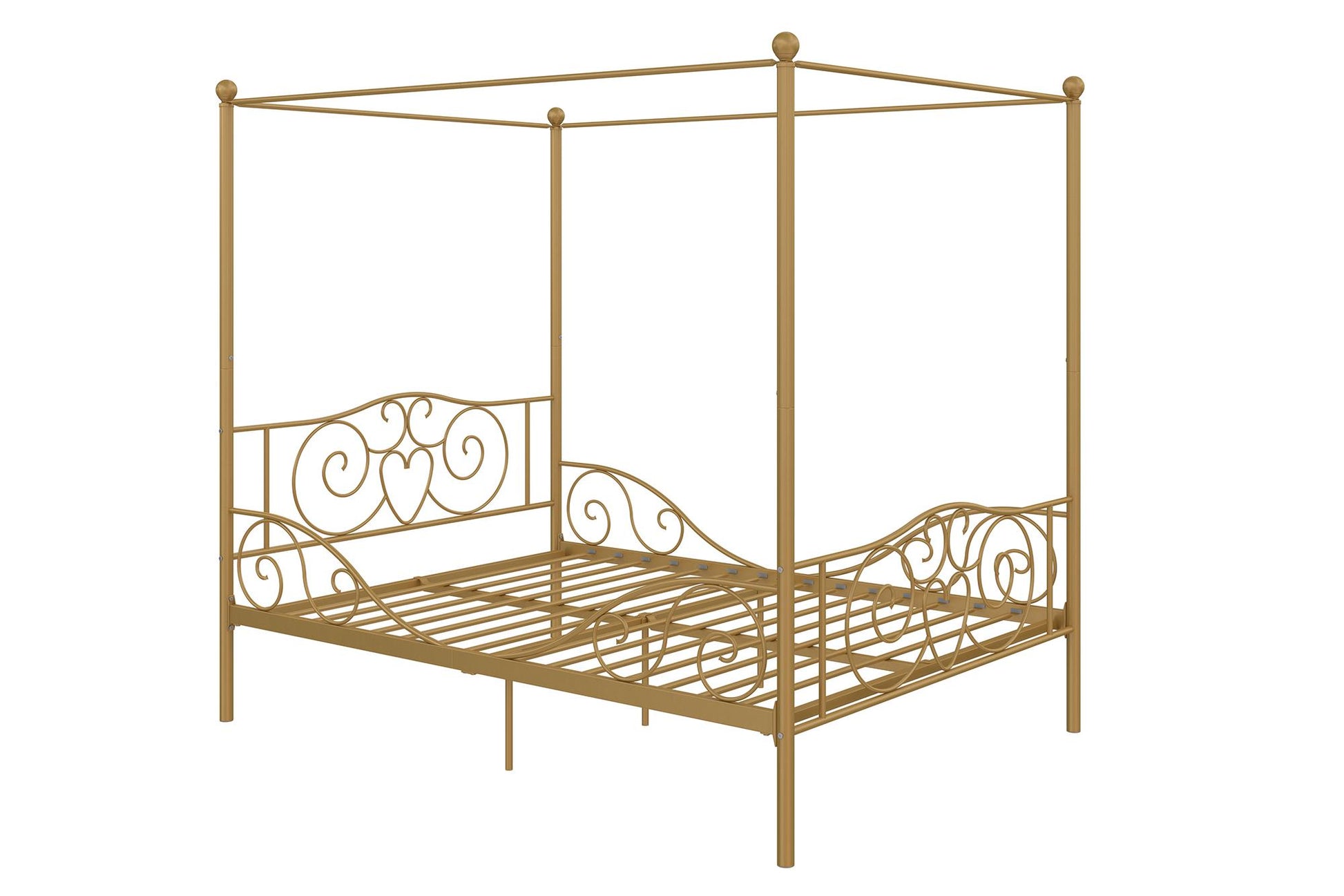 Canopy Metal Bed Frame with Intricate Design Headboard and Secured Slats - Gold - Full