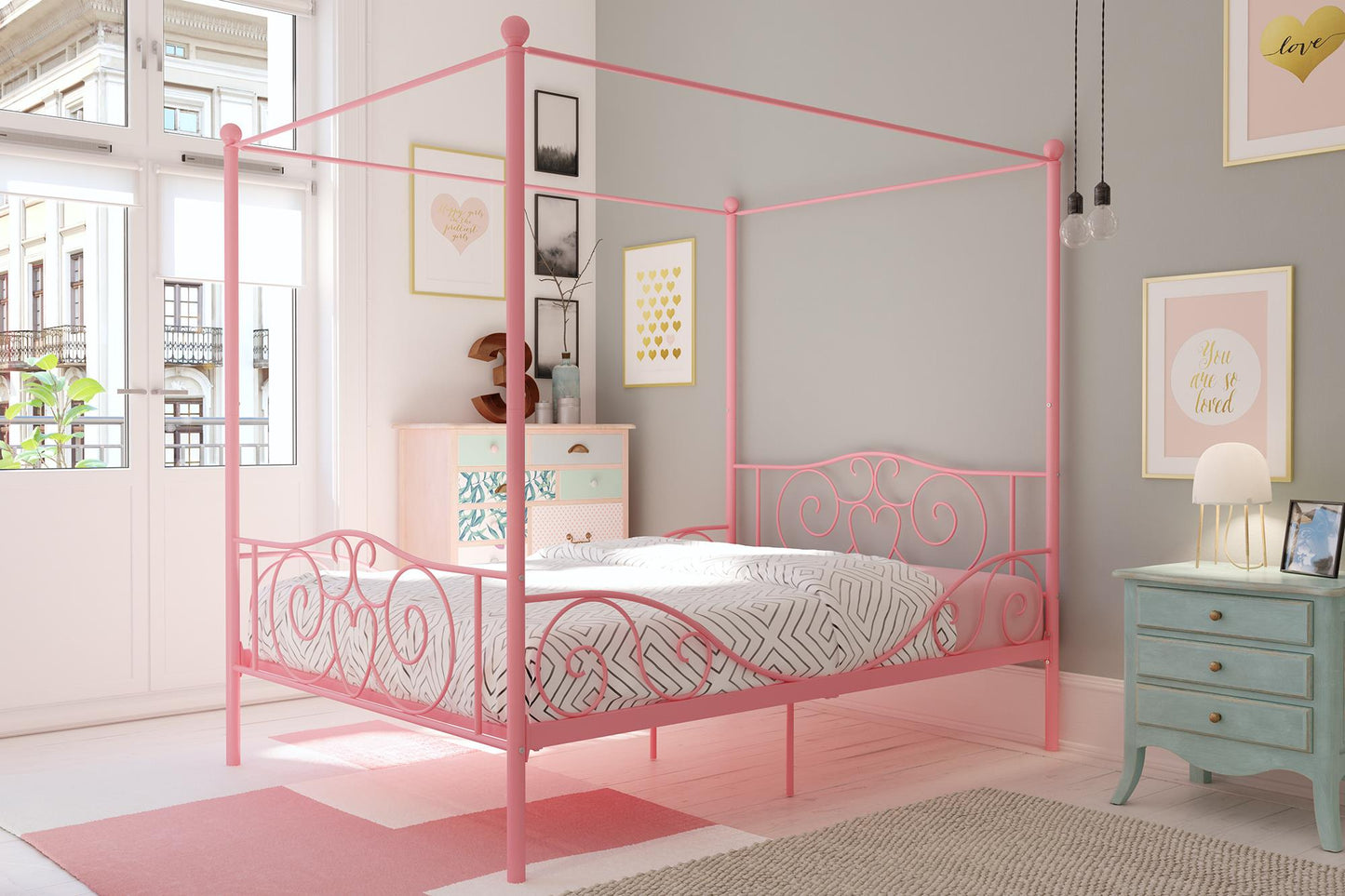 Canopy Metal Bed Frame with Intricate Design Headboard and Secured Slats - Gold - Full