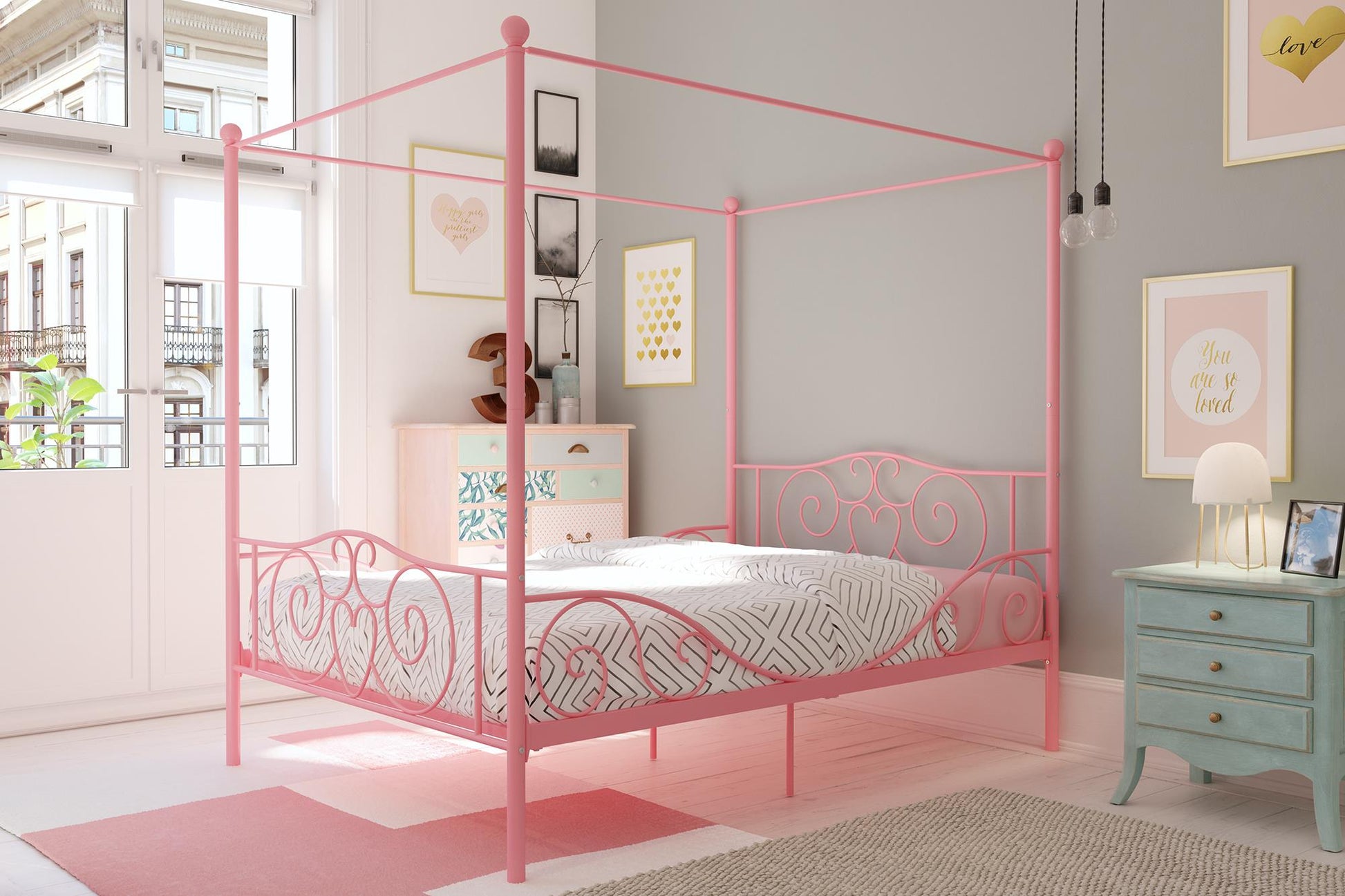 Canopy Metal Bed Frame with Intricate Design Headboard and Secured Slats - Gold - Full