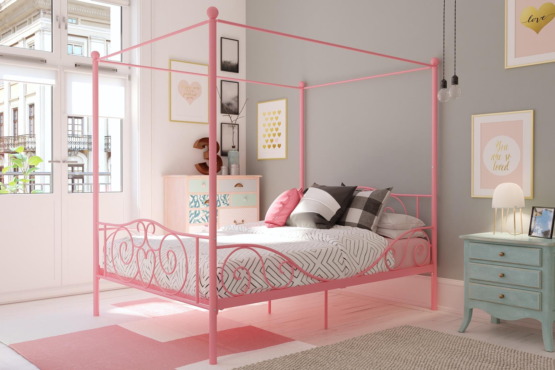 Canopy Metal Bed Frame with Intricate Design Headboard and Secured Slats - Pink - Full