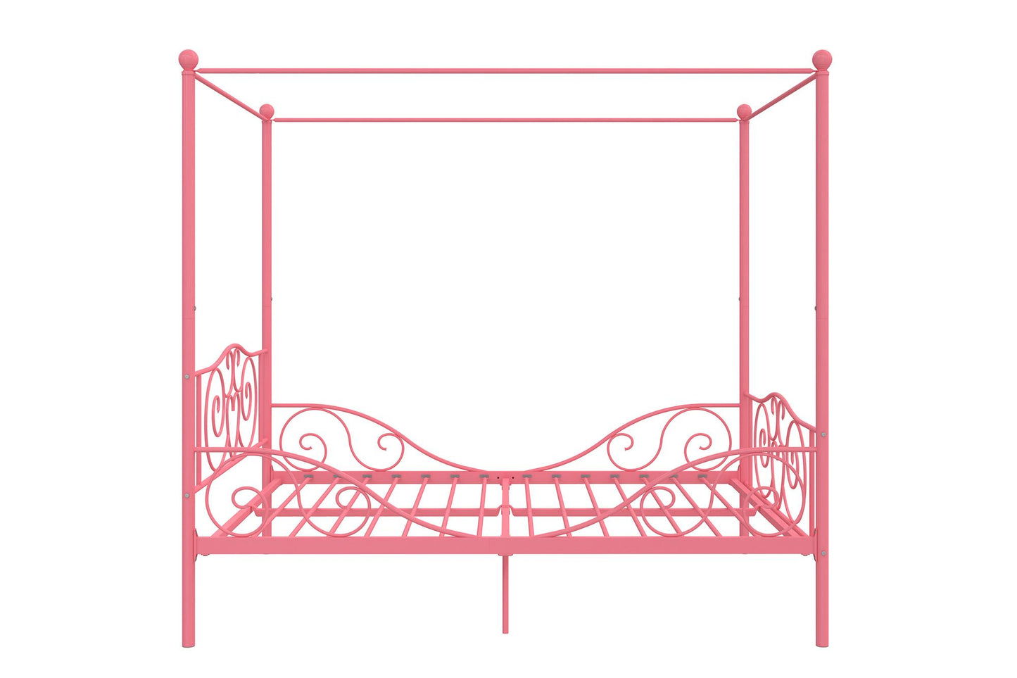Canopy Metal Bed Frame with Intricate Design Headboard and Secured Slats - Pink - Full