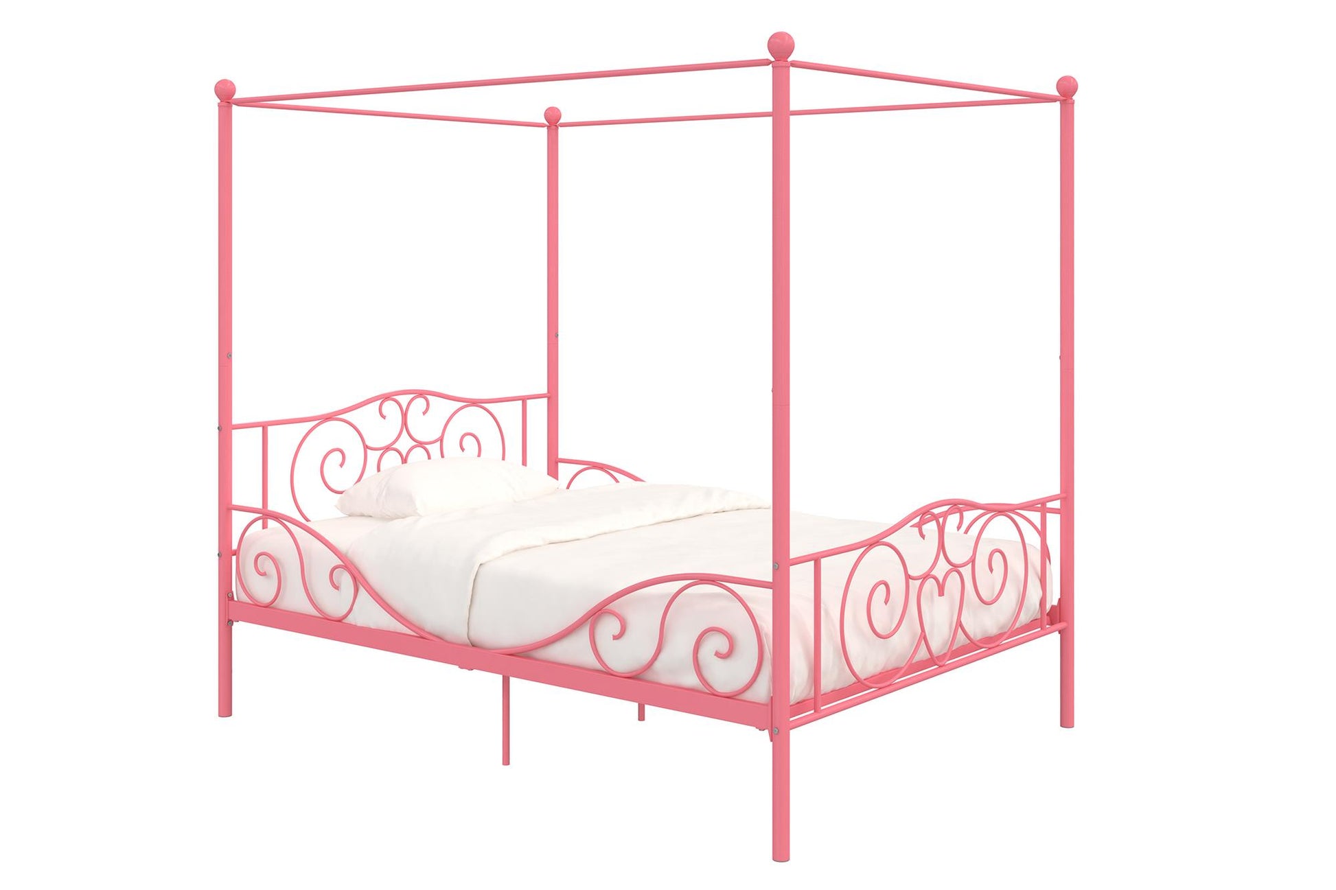 Canopy Metal Bed Frame with Intricate Design Headboard and Secured Slats - Pink - Full