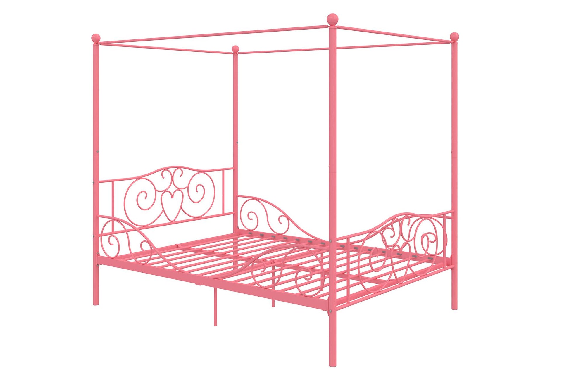 Canopy Metal Bed Frame with Intricate Design Headboard and Secured Slats - Pink - Full