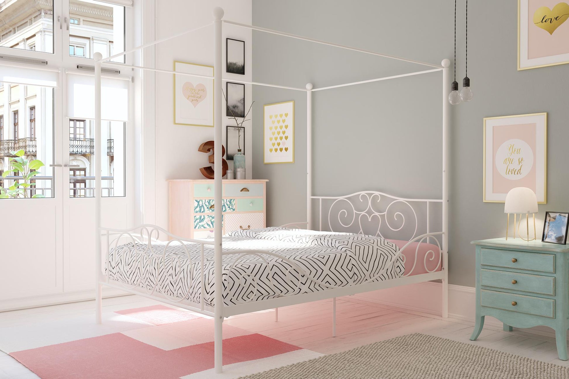 Canopy Metal Bed Frame with Intricate Design Headboard and Secured Slats - White - Full
