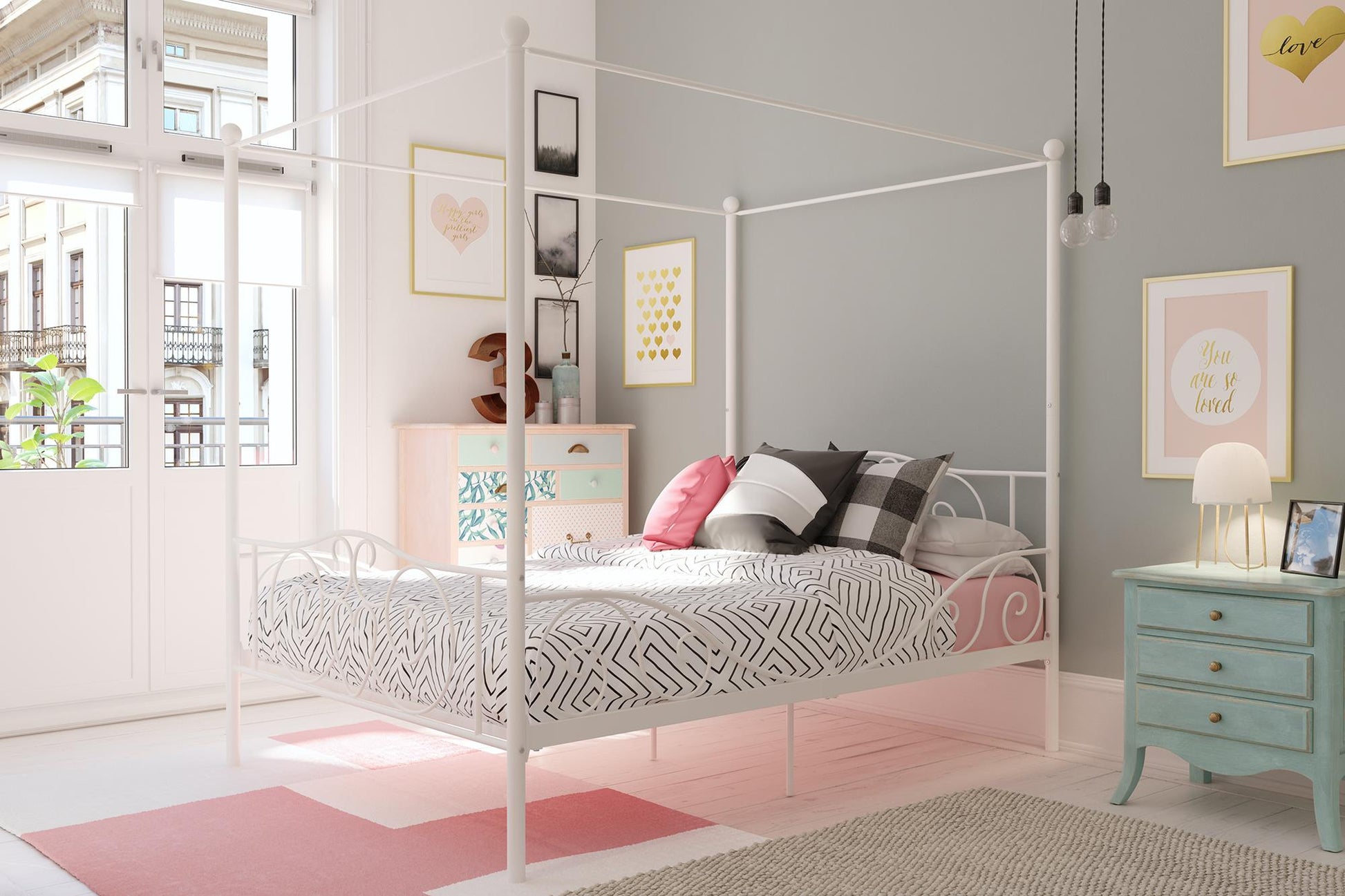 Canopy Metal Bed Frame with Intricate Design Headboard and Secured Slats - White - Full