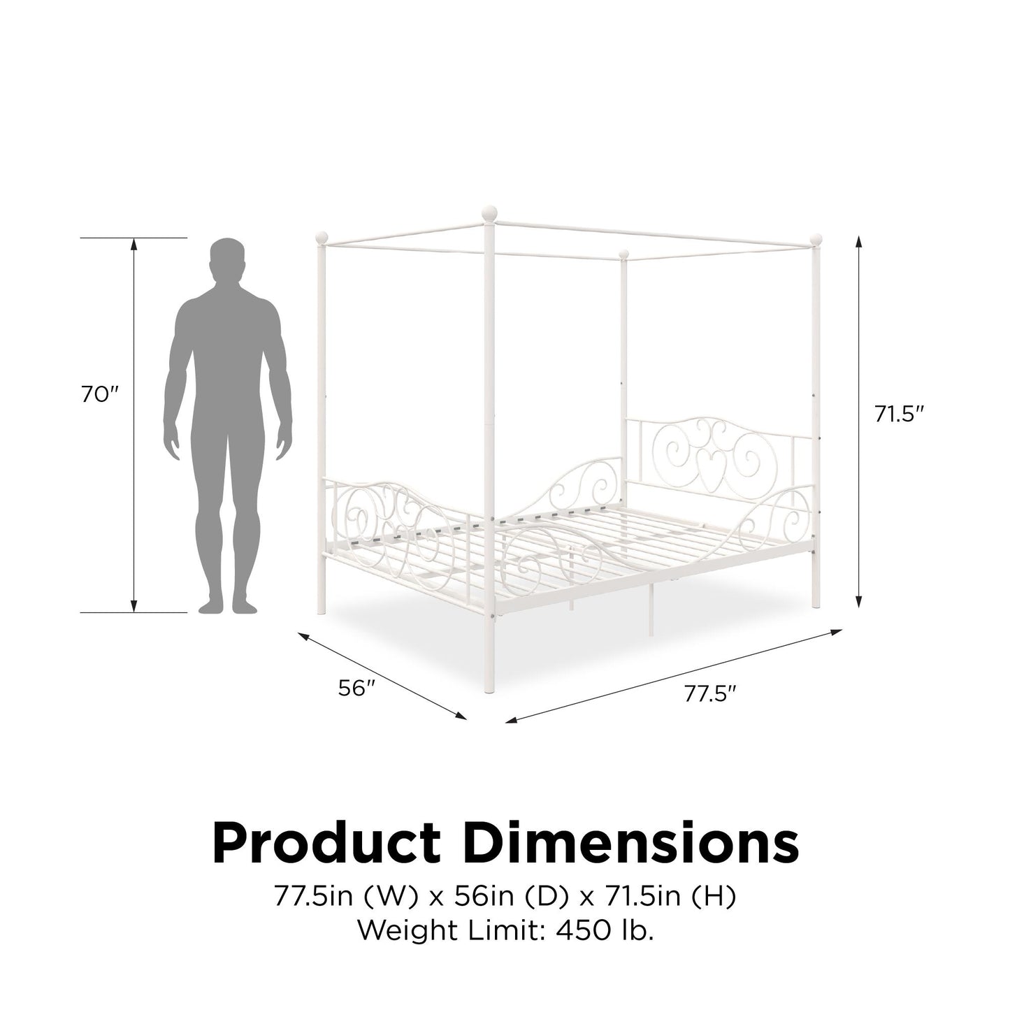 Canopy Metal Bed Frame with Intricate Design Headboard and Secured Slats - White - Full