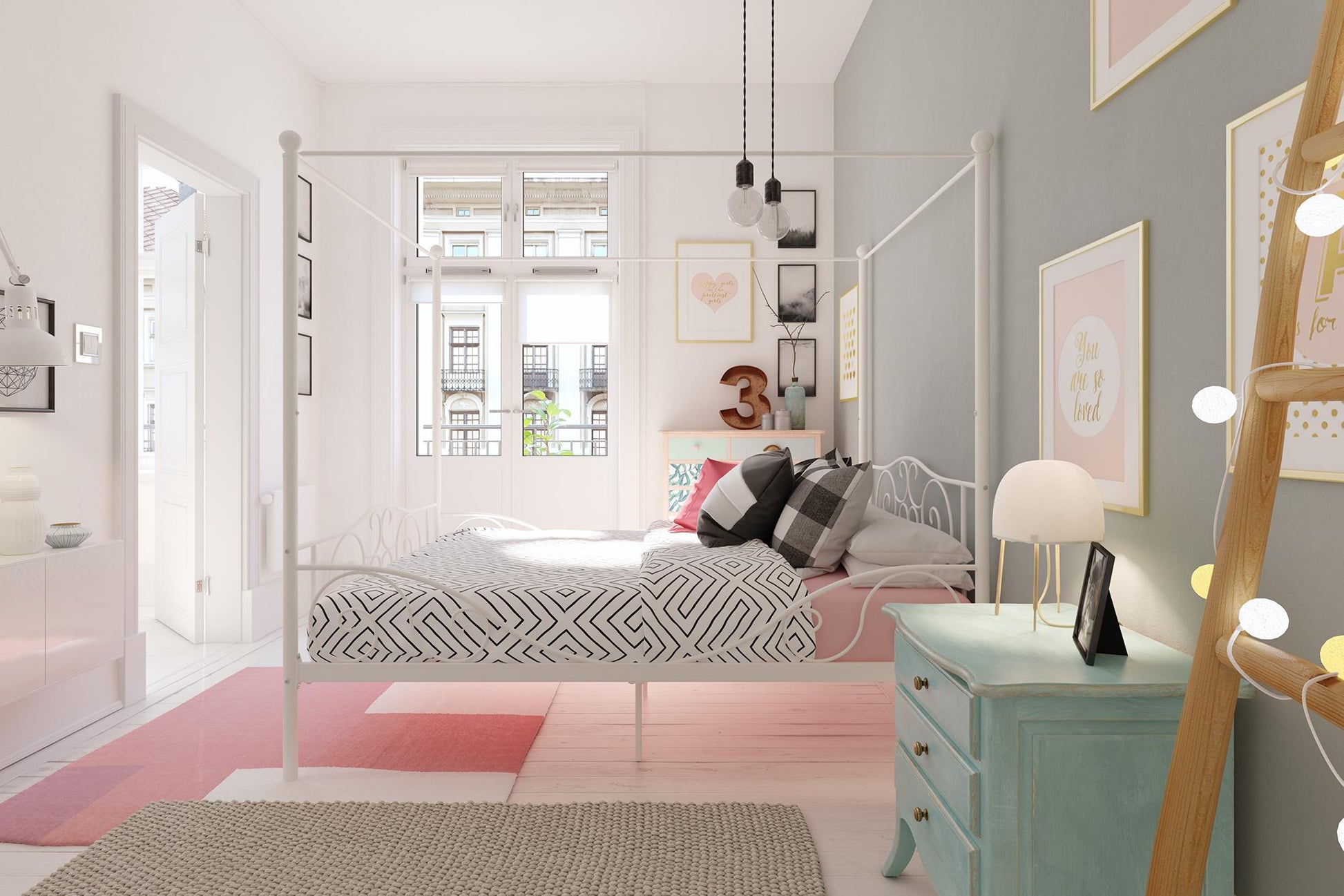 Canopy Metal Bed Frame with Intricate Design Headboard and Secured Slats - White - Full