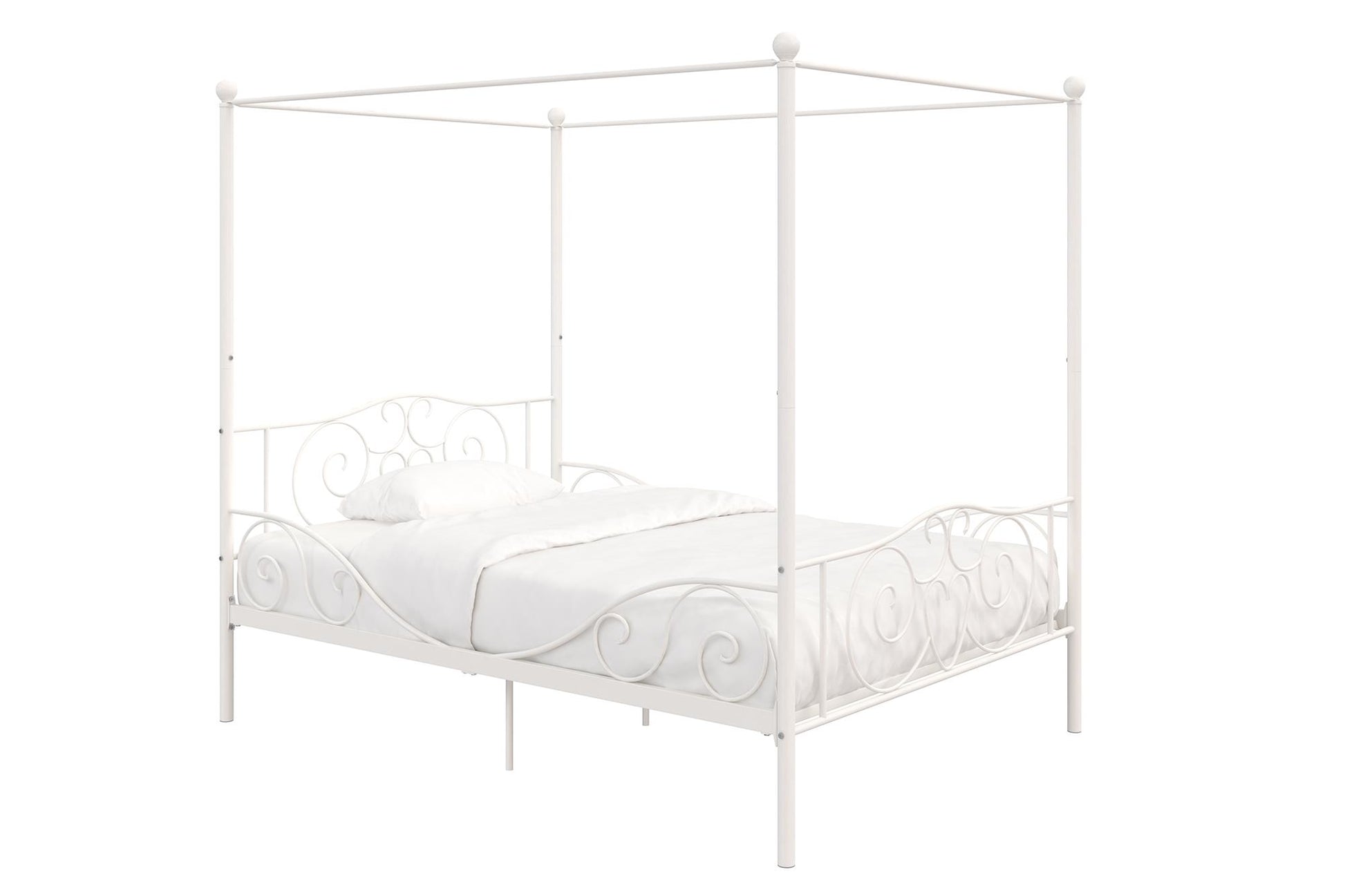 Canopy Metal Bed Frame with Intricate Design Headboard and Secured Slats - White - Full
